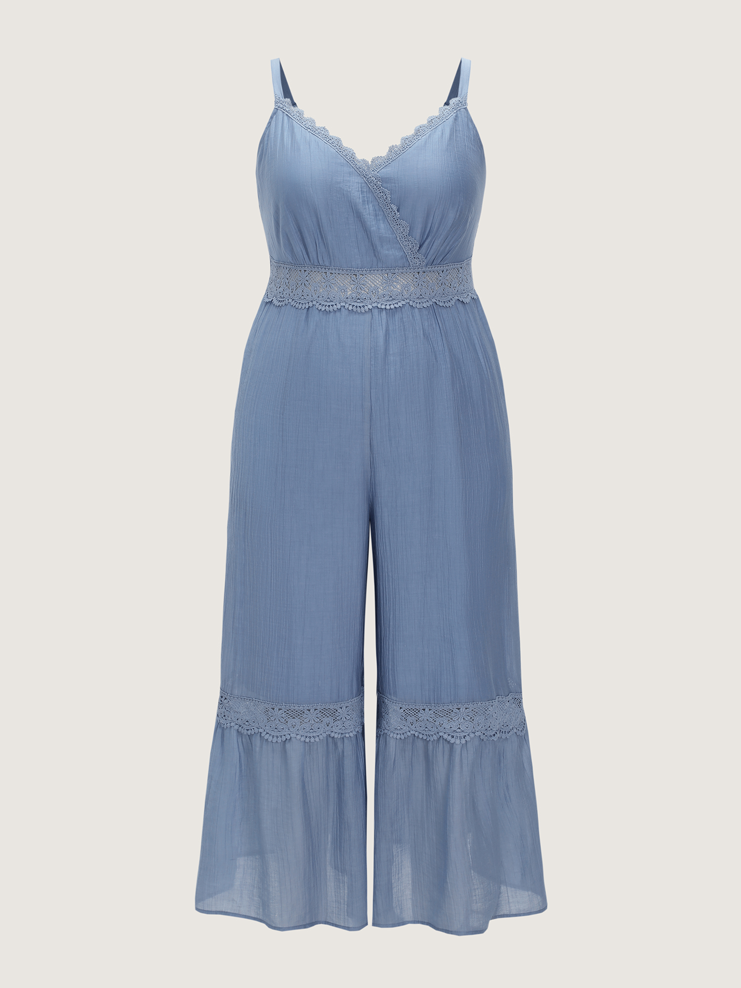 Side view of BloomChic Women's Plus Size Shirred Lace Detail Wide-Leg Jumpsuit Stone Vacation Fitted 26/4X