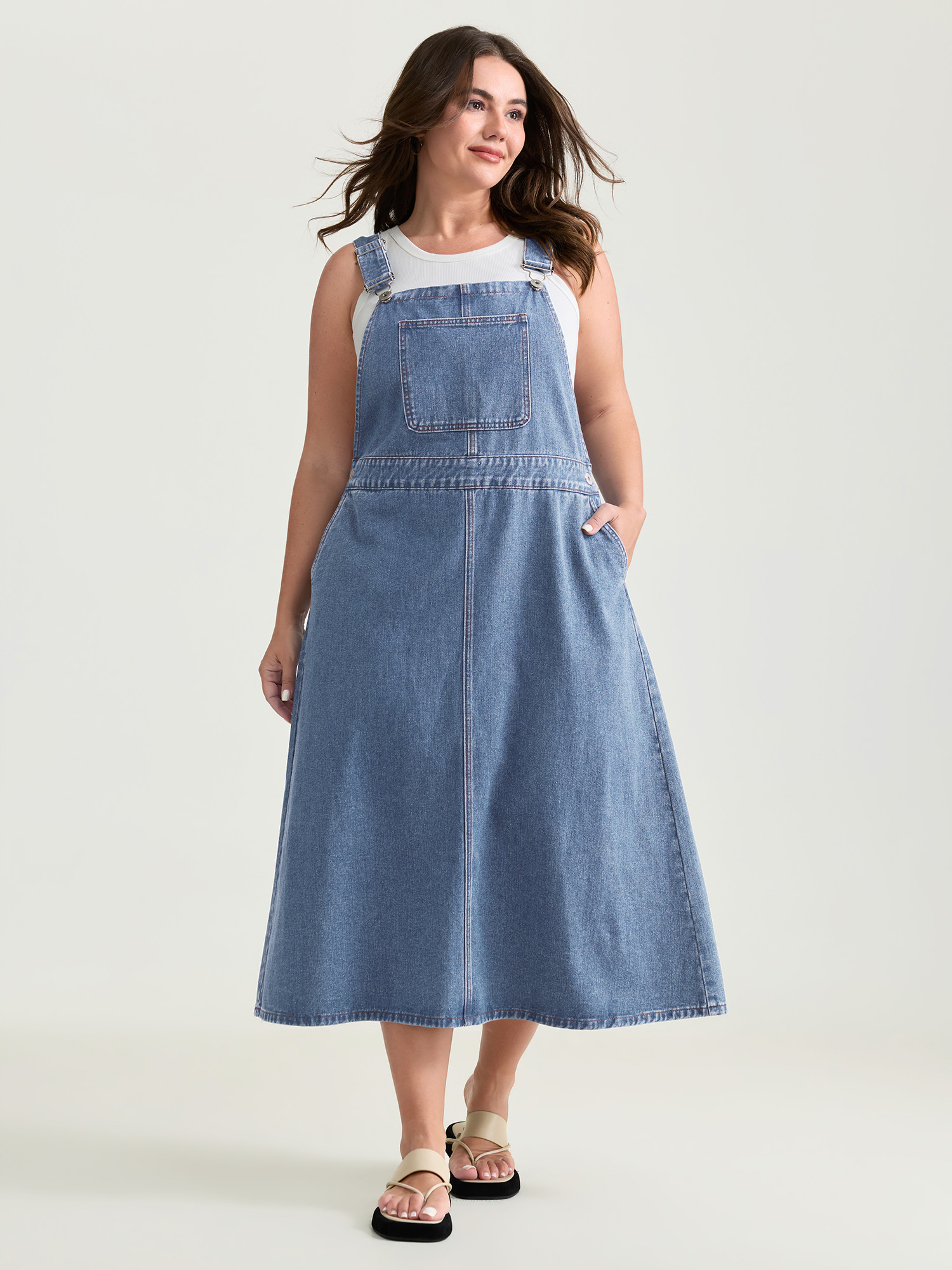 BloomChic Women's Plus Size Cotton Adjustable Back Slit Overall Midi Denim Dress Denimlightblue Midi Everyday-Casual H-line 18-20/2X