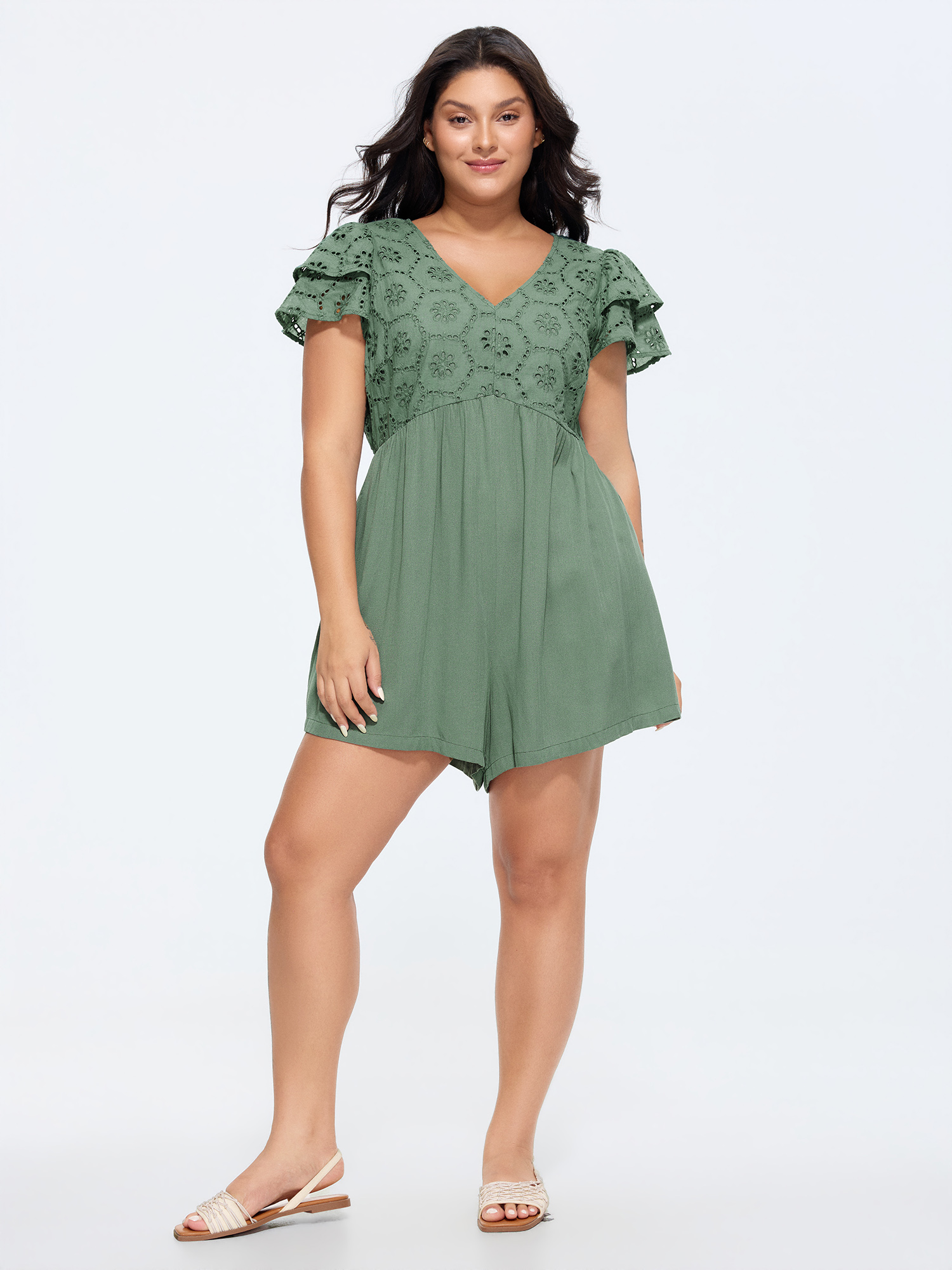Side view of BloomChic Women's Plus Size Eyelet Trim Layered Sleeve Romper Greenbean Casual 18-20/2X