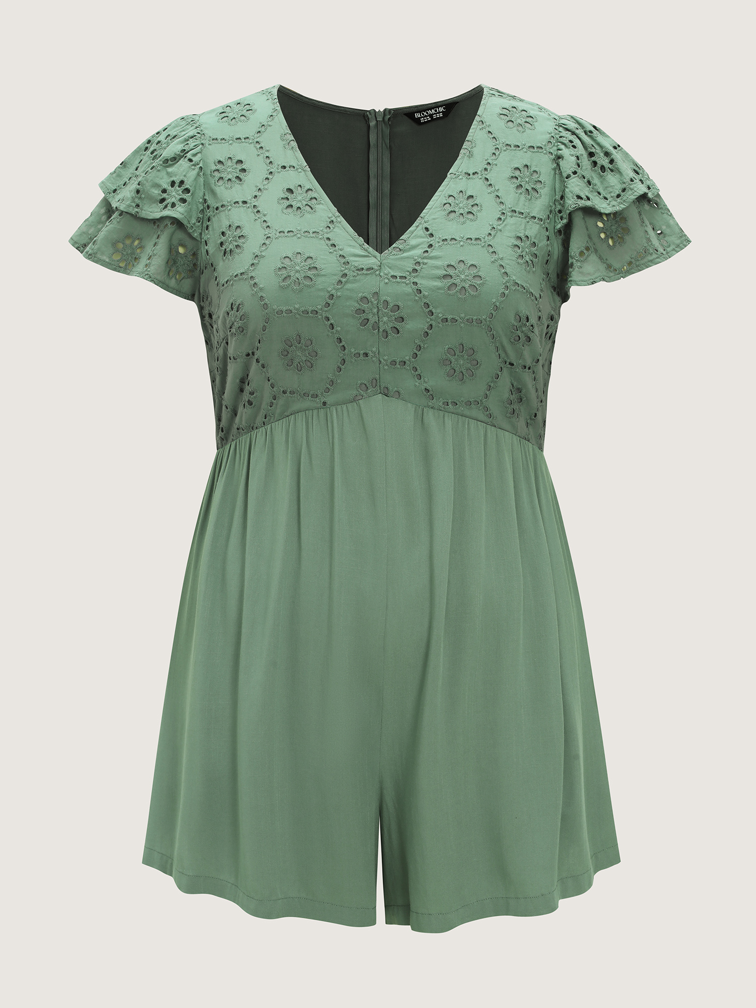 Side view of BloomChic Women's Plus Size Eyelet Trim Layered Sleeve Romper Greenbean Casual 18-20/2X