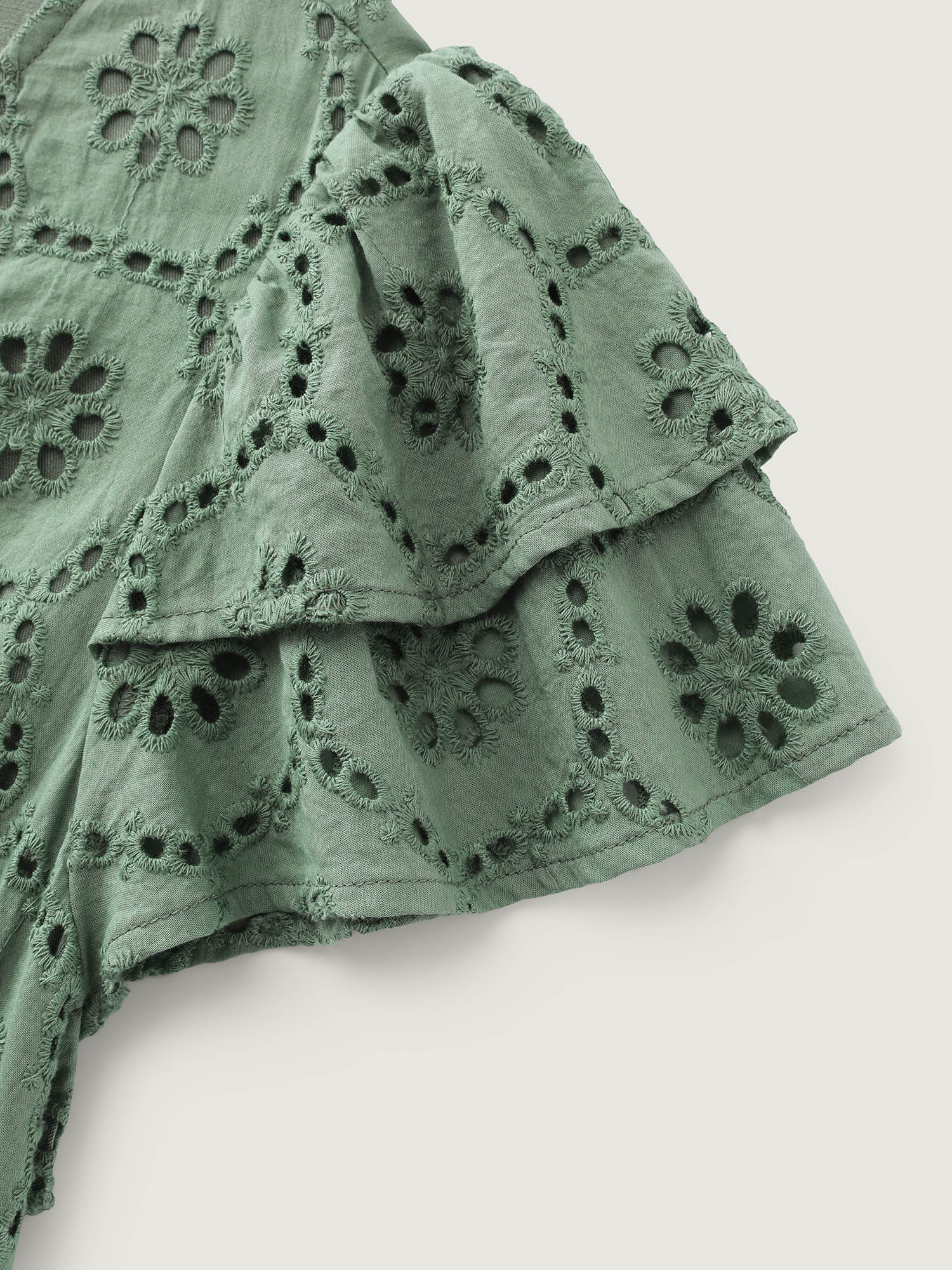 Side view of BloomChic Women's Plus Size Eyelet Trim Layered Sleeve Romper Greenbean Casual 18-20/2X