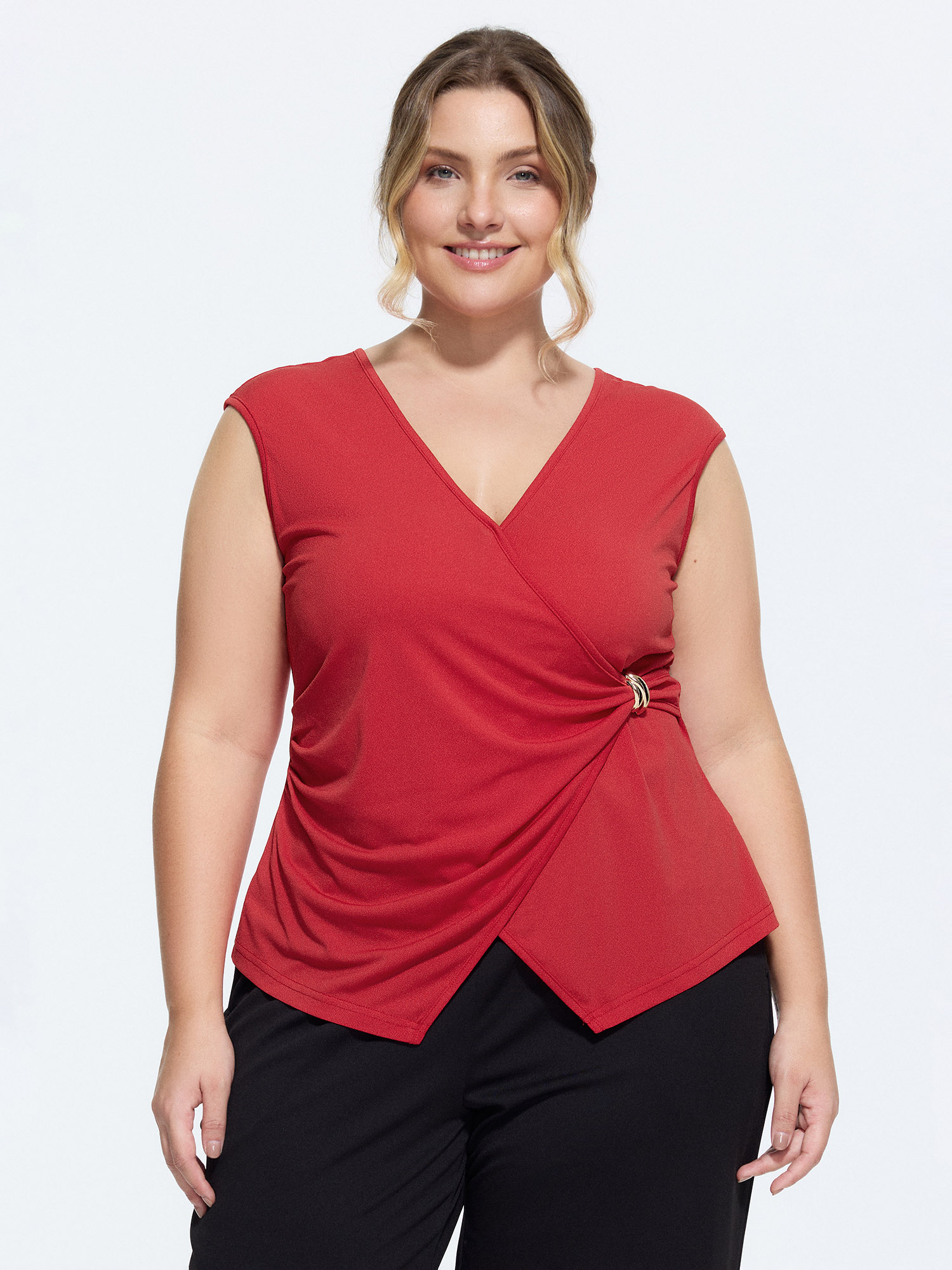 Bloomchic Wrap Side Buckle Draped Blouse In Red