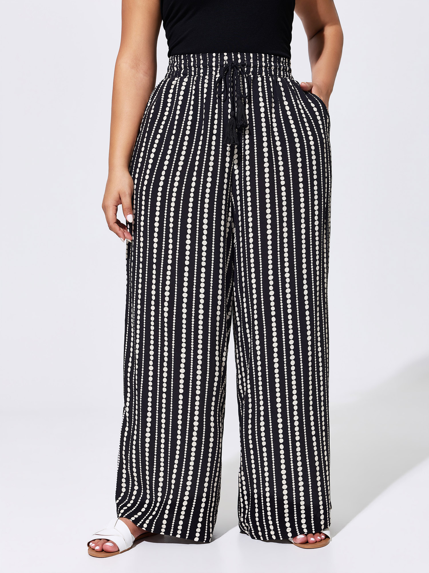 BloomChic Women's Plus Size Striped Print Drawstring Waist Pants Black Geometric Wide leg Mid Rise 10/M