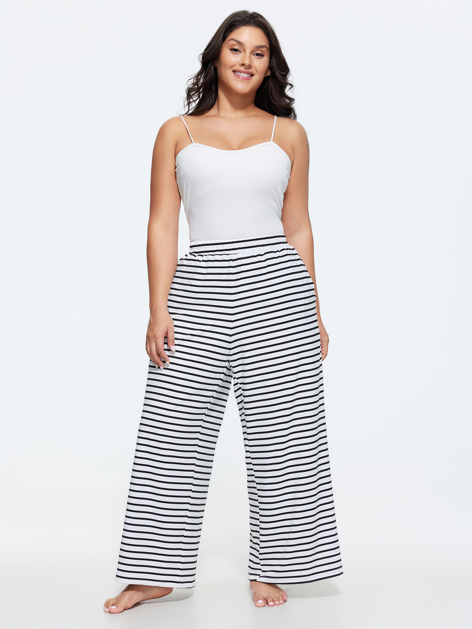 Side view of BloomChic Women's Plus Size Striped Print Ribbed Pockets Lounge Bottoms WhiteSmoke 26/4X