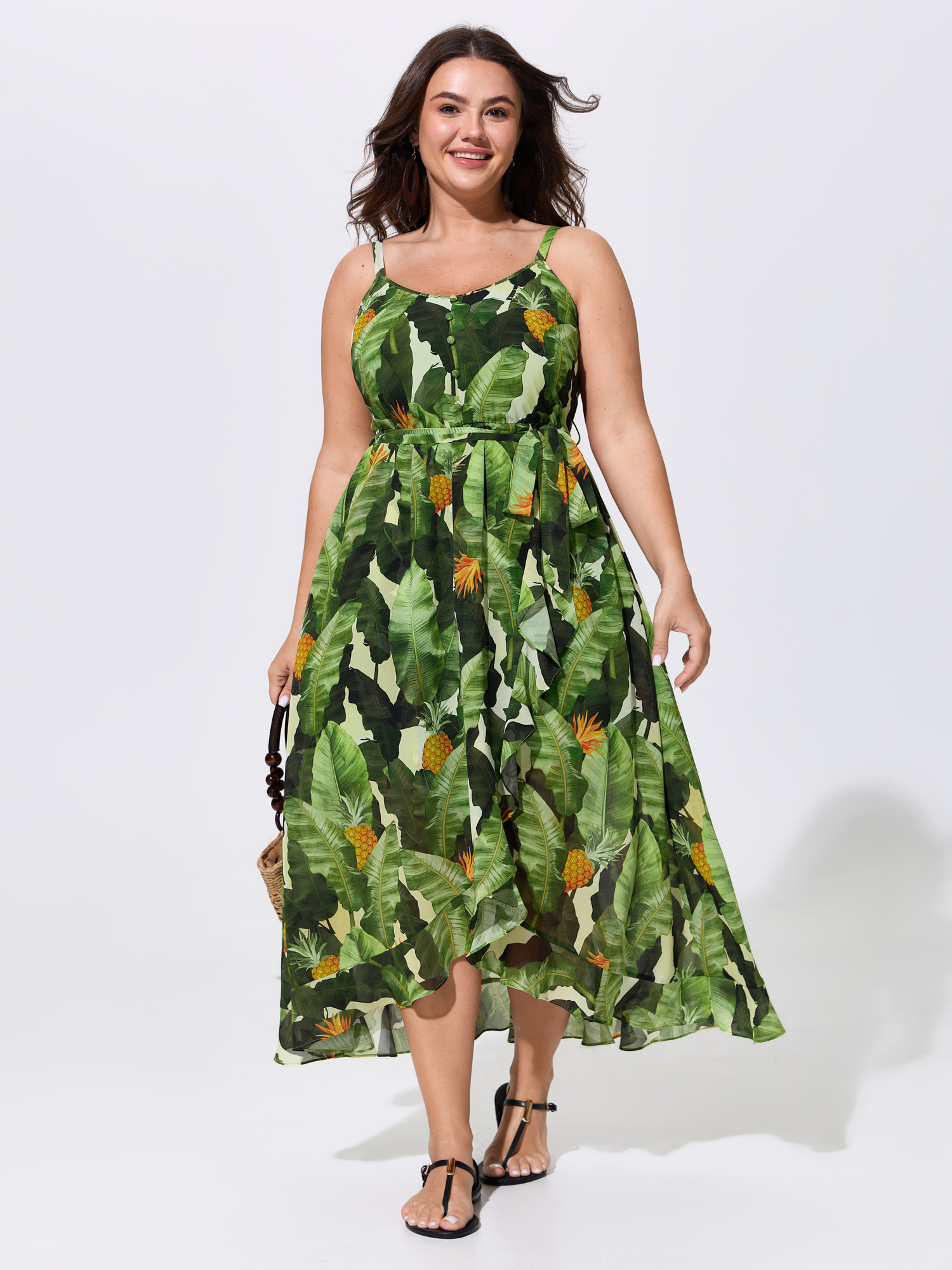 BloomChic Plus Size Breathabel Tropical Vacation Print Midi Dress - Curve Ladies LawnGreen Resort Sleeveless Tropical Hidden Pocket Daily Dresses 26-28/3X