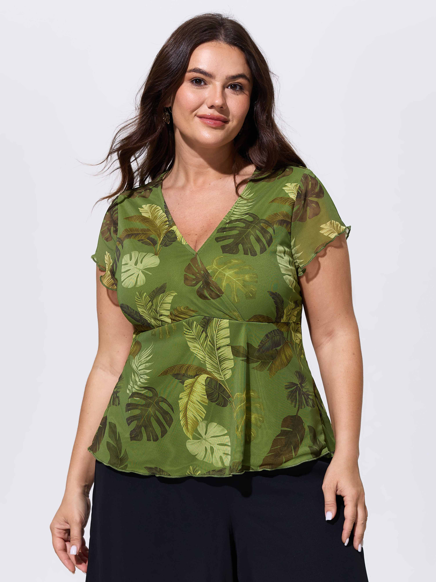 BloomChic Women's Plus Size Sheer Tropical Print Fit And Flare Jersey Top Moss Cap Sleeve Vacation V-Neck 10/M