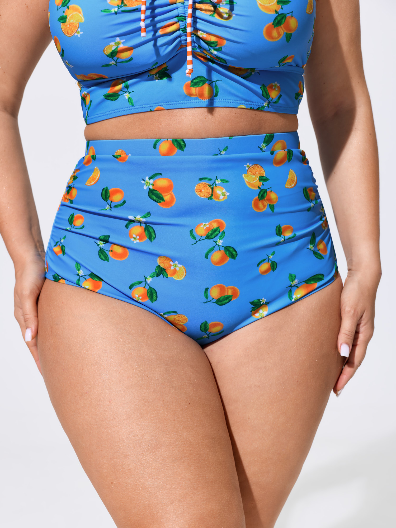 BloomChic Women's Plus Size Citrus Print Ruched High Waisted Swim Bottoms Skyblue Fruit cropped Non Elastic Waist 10/M