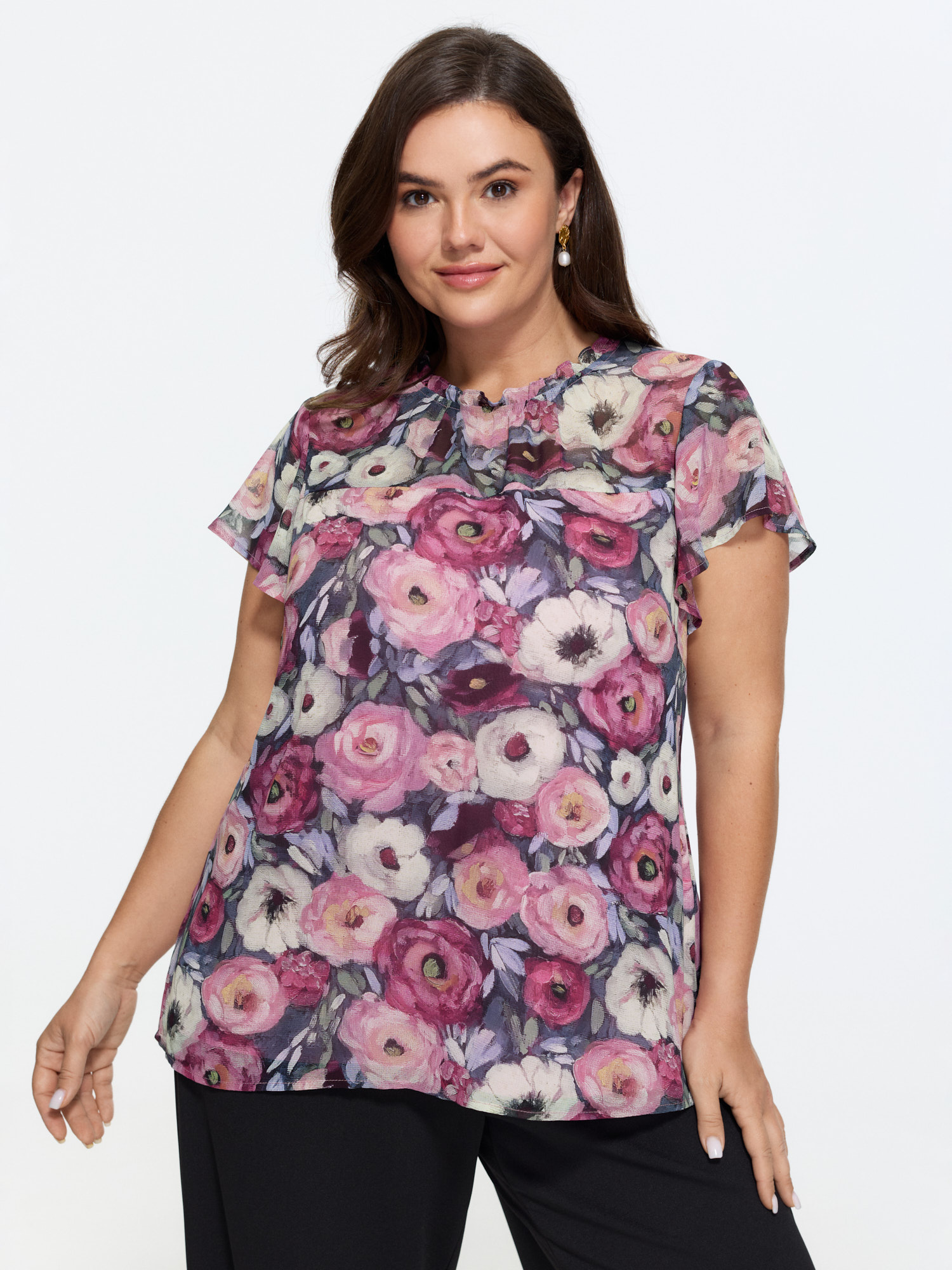 BloomChic Women's Plus Size Floral Blend Print Mesh Blouse Multicolor Floral Everyday-Elegant Short sleeve Mock Neck 10/M