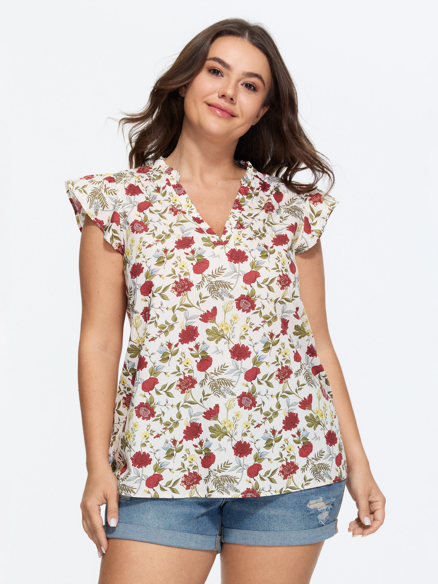 BloomChic Women's Plus Size Pure Cotton Floral Print Notched Collar Blouse Multicolor Floral Everyday-Casual Cap Sleeve V-Notch Neck 22-24/3X