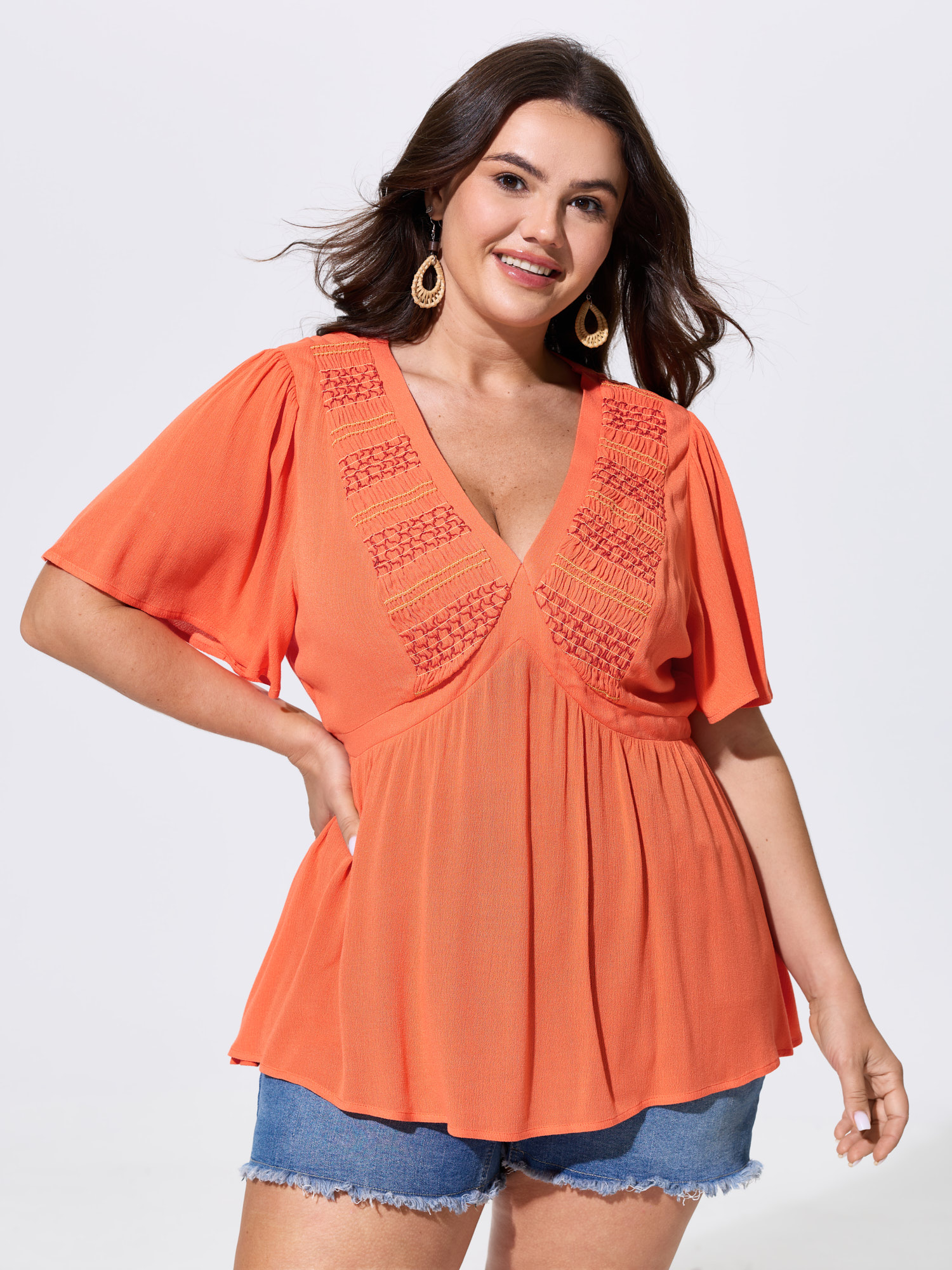 BloomChic Women's Plus Size Supersoft Shirred Sheer Fit And Flare Blouse Coral Solid Vacation Short sleeve Deep V-Neck 18-20/2X