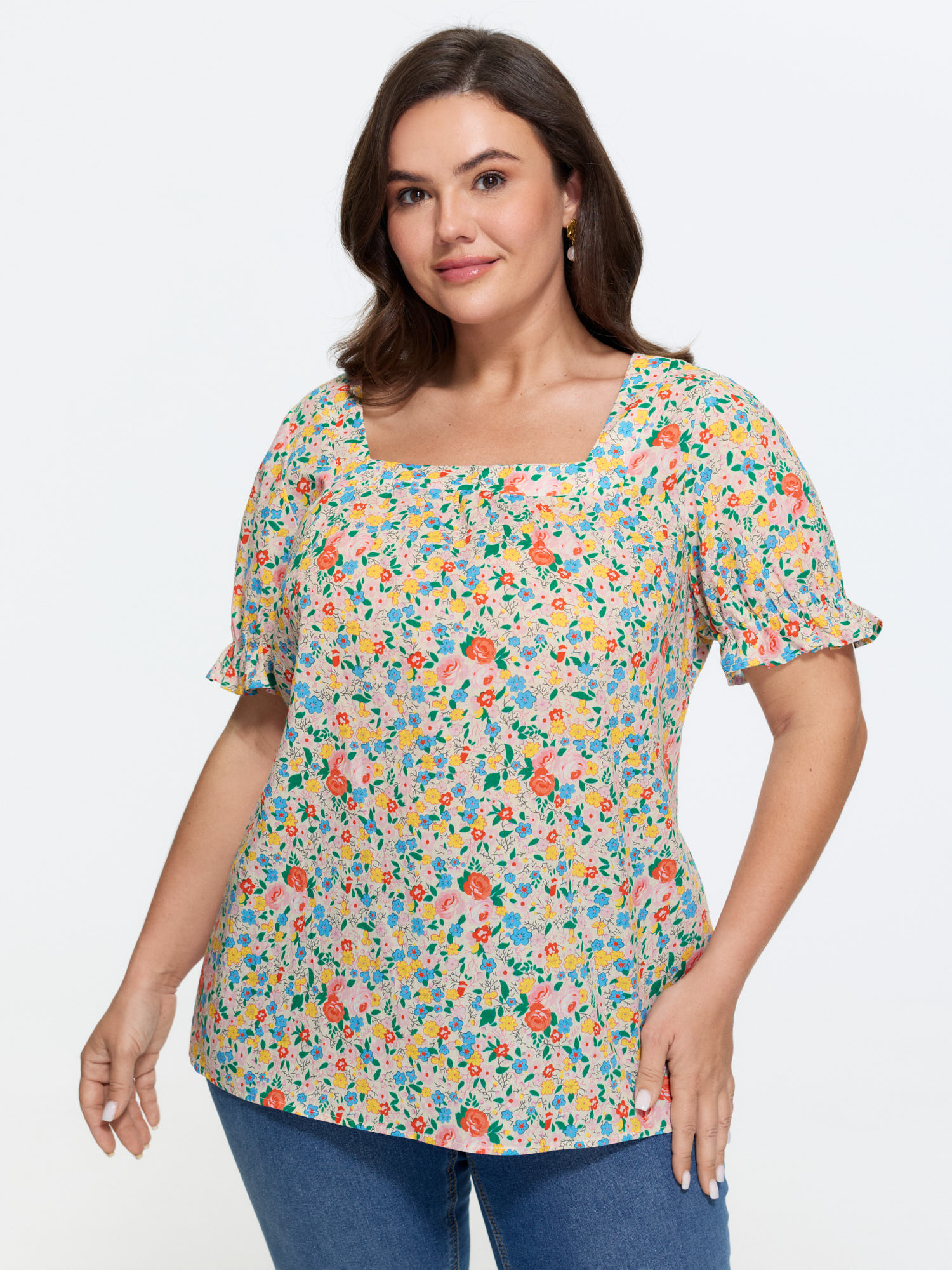BloomChic Women's Plus Size Cotton Square Neck Ruffled Sleeve Blouse Multicolor Ditsy Floral Everyday-Casual Short sleeve 10/M