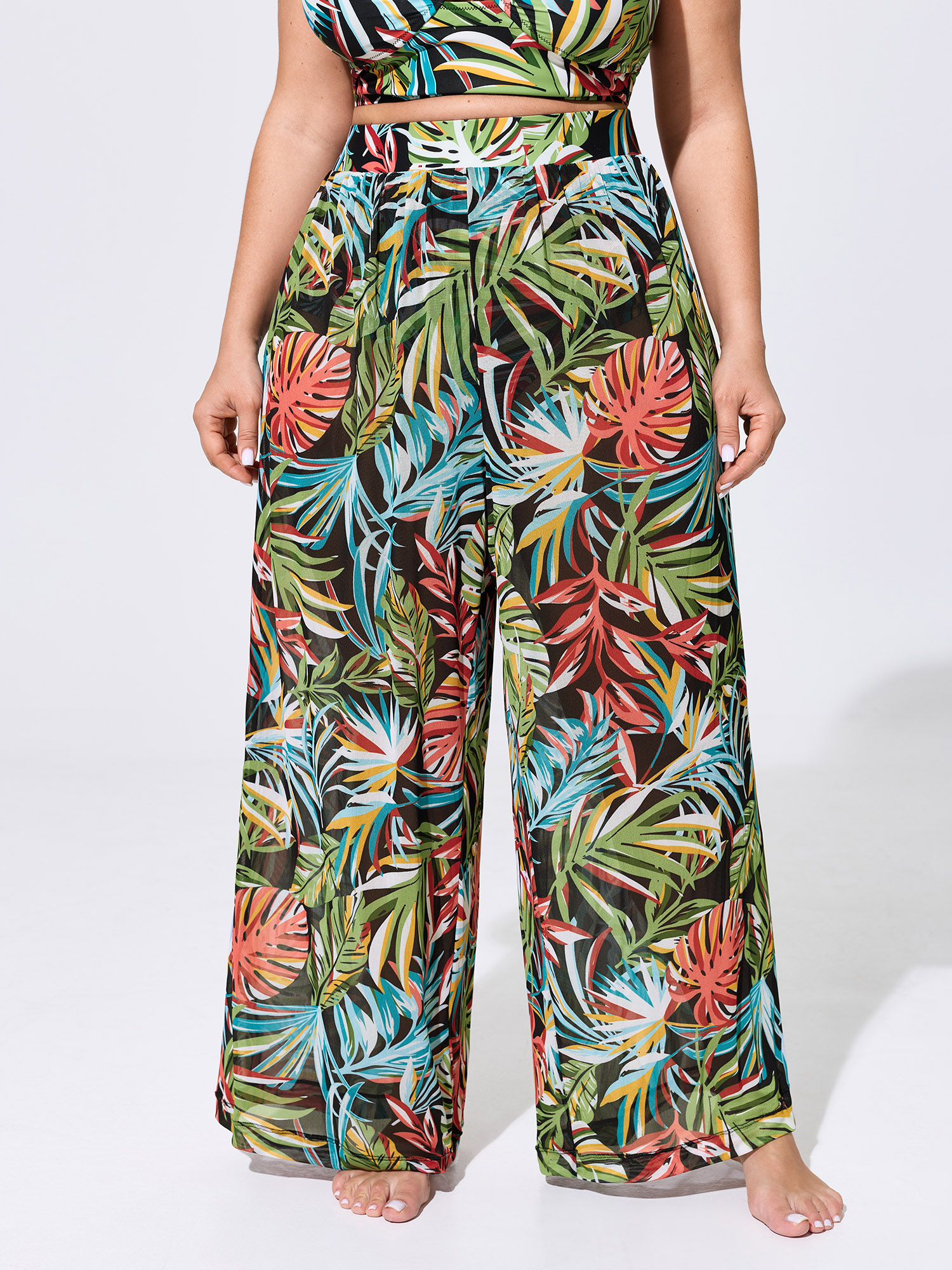 BloomChic Women's Plus Size Tropical Vibes Sheer Sarong Set Swim Bottoms Moss Tropical cropped Mesh Panel Elastic Waist 18-20/2X
