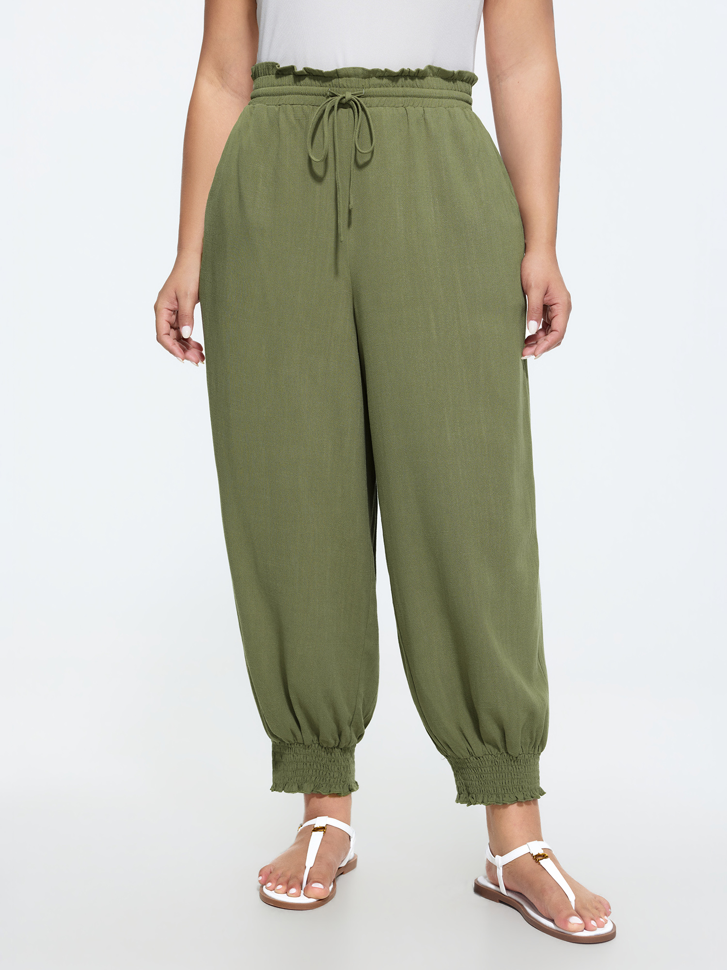 Bloomchic Linen Blend Shirred Drawstring Waist Jogger Pants In Green