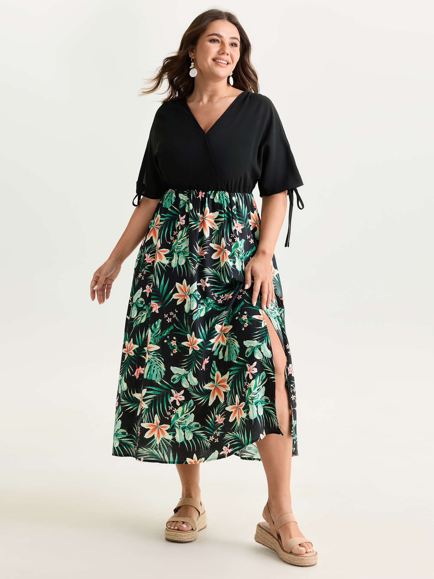 BloomChic Women's Plus Size Tropical Floral Print Sleeve Tie Midi Dress BlackFlower Tropical Maxi Vacation Wrap / Overlap 22-24/3X