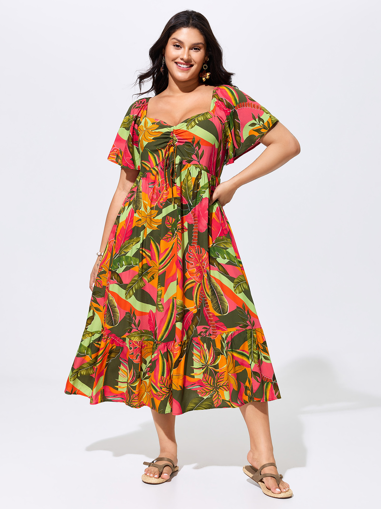 BloomChic Women's Plus Size Vibrant Tropical Print Adjustable Chest Drawstring Bust-Friendly Midi Dress Multicolor Tropical Midi Vacation Lace-Up 10/M