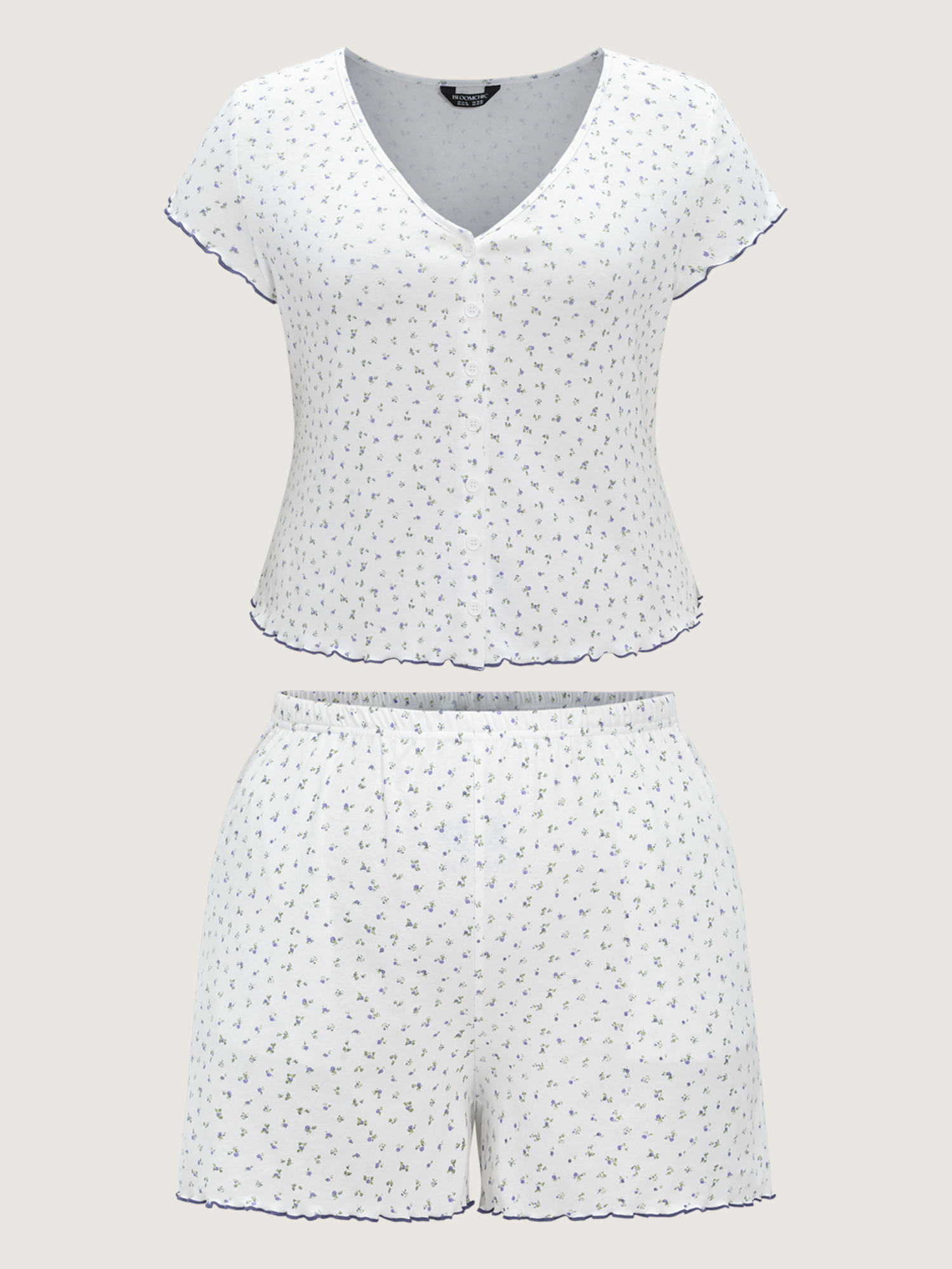 Side view of BloomChic Women's Plus Size Supersoft Floral Print V-Neck Pajama Set Originalwhite 26/4X