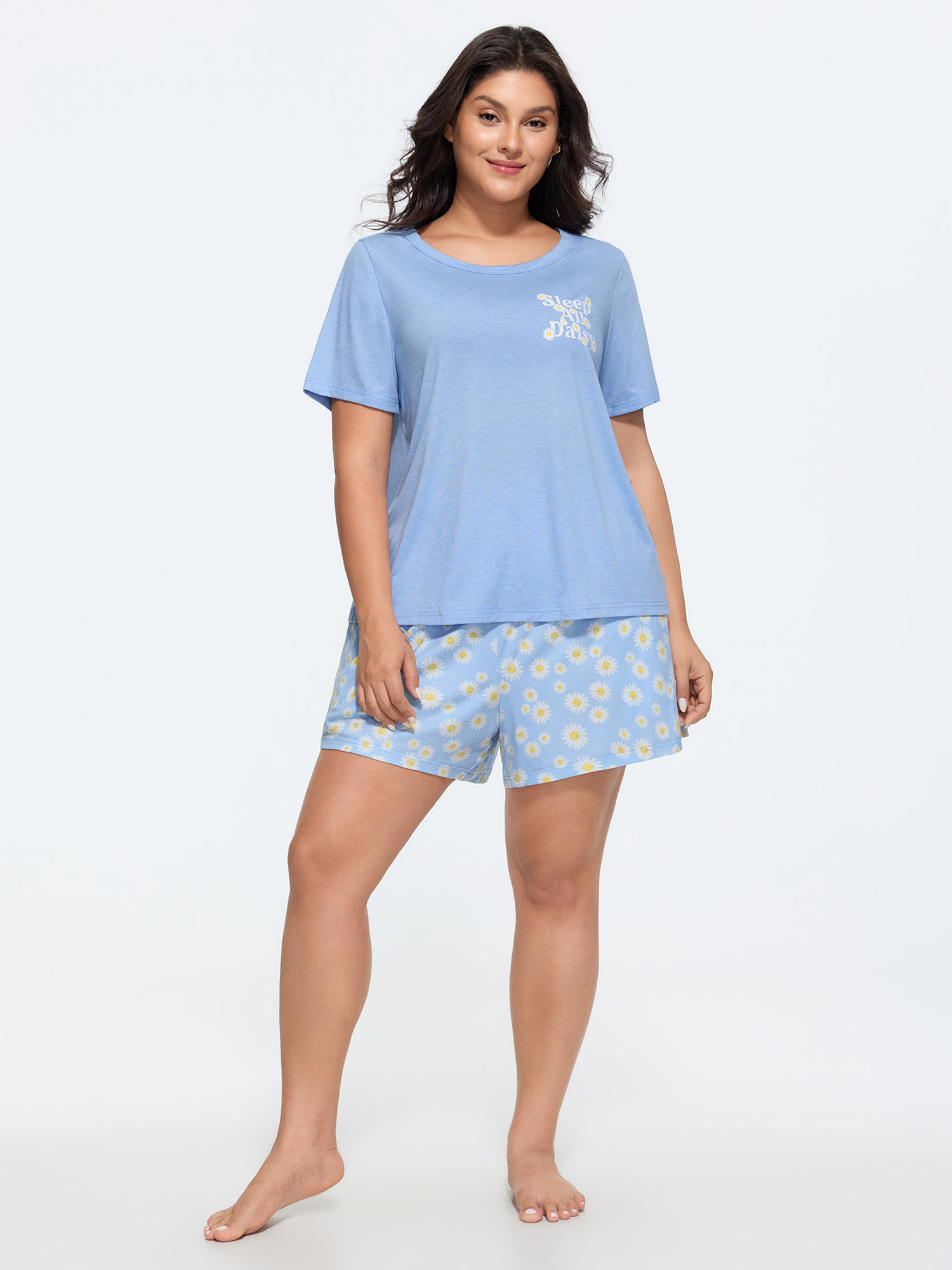 Side view of BloomChic Women's Plus Size Supersoft Floral Print Color Contrast Pajama Set LightBlue 28/5X