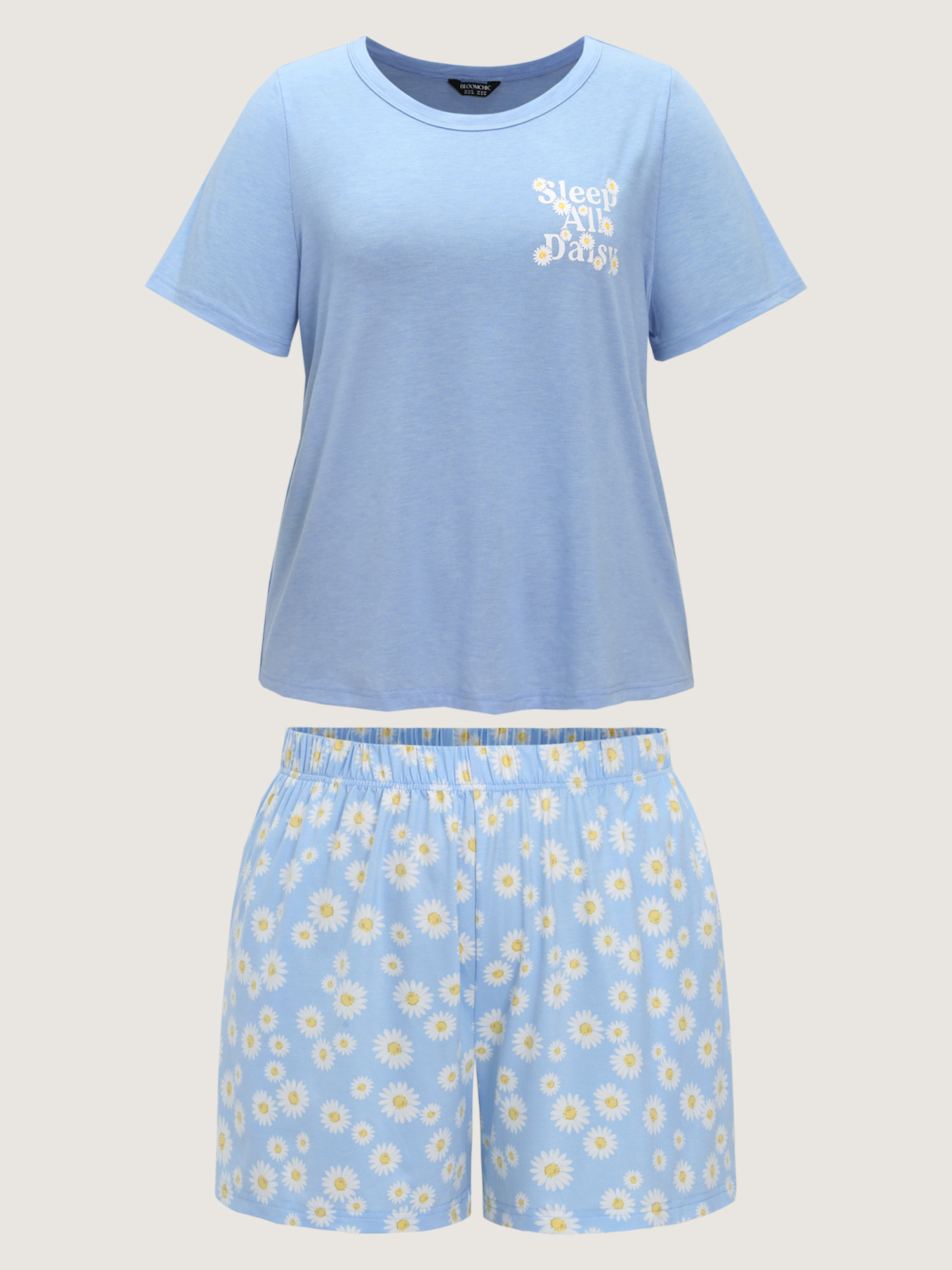 Side view of BloomChic Women's Plus Size Supersoft Floral Print Color Contrast Pajama Set LightBlue 28/5X