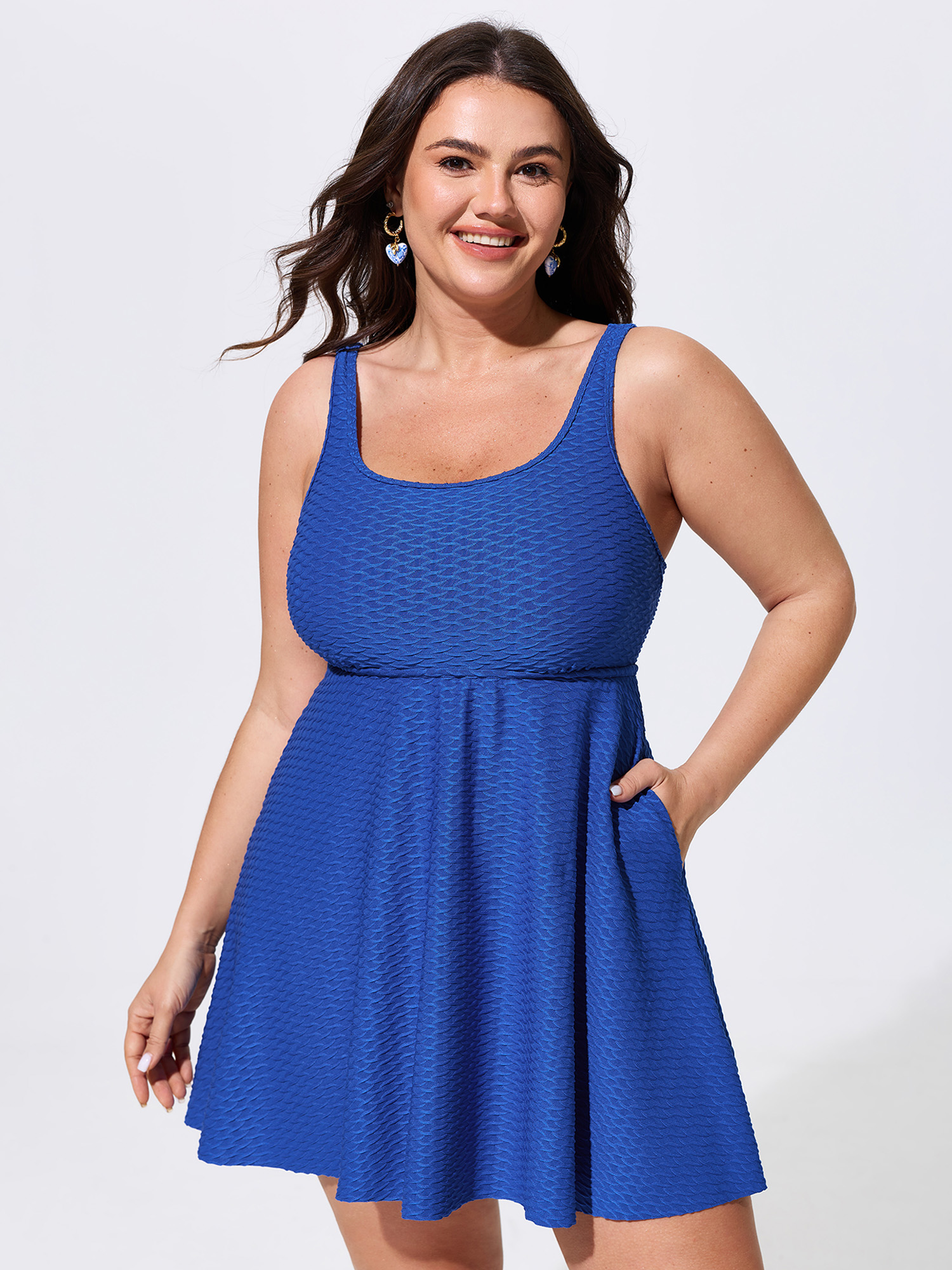 BloomChic Women's Plus Size Textured Pockets Fit And Flare Swim Dress DarkBlue Solid Cable Knit Stay-Put Hem Detail 18-20/2X
