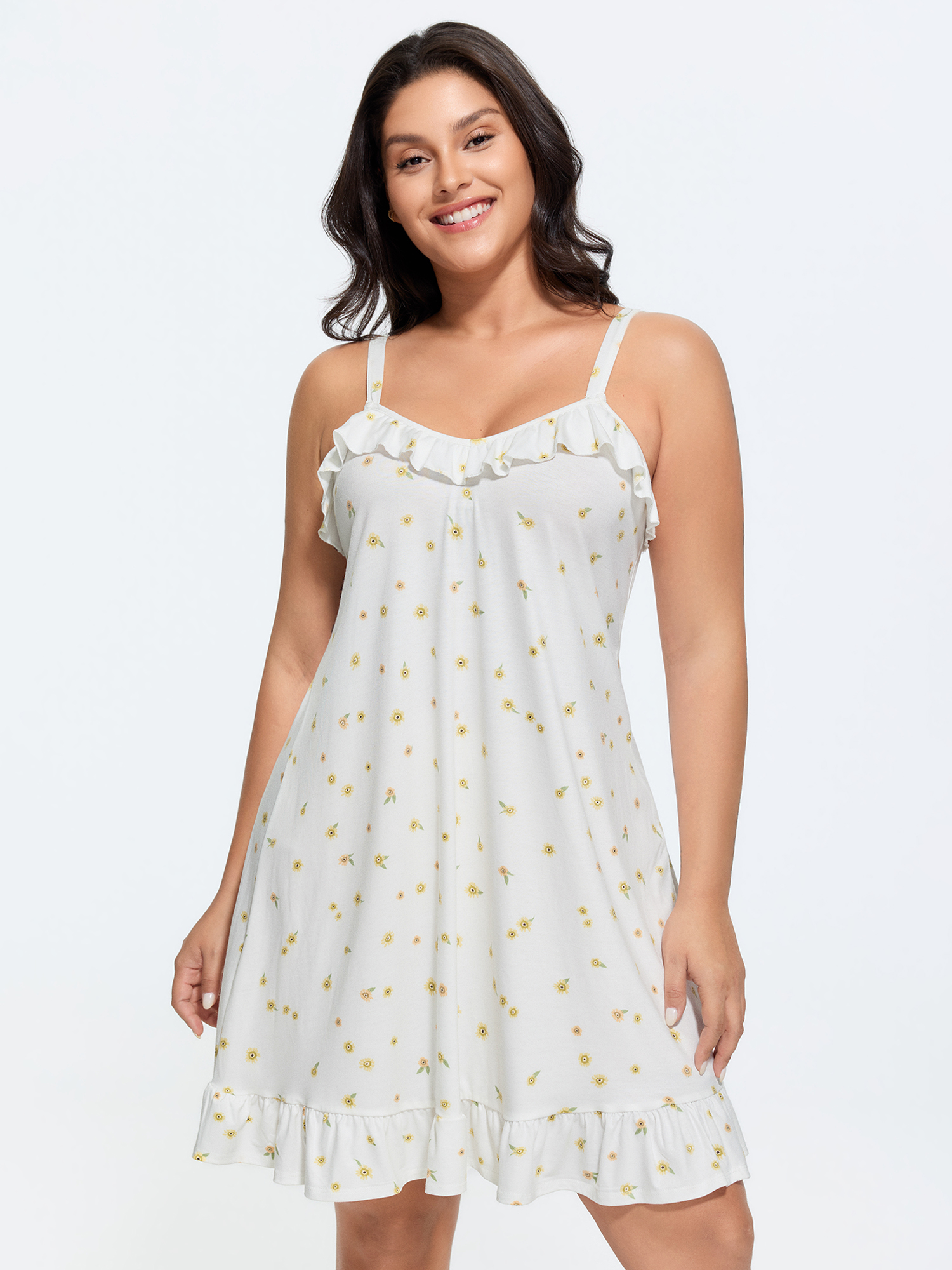 BloomChic Women's Plus Size Supersoft Ruffled Neckline Floral Print Sleeveless Nightgown Originalwhite Sleeveless Knee Length Ruffle Trim Neck 18-20/2X-image-48506954809514