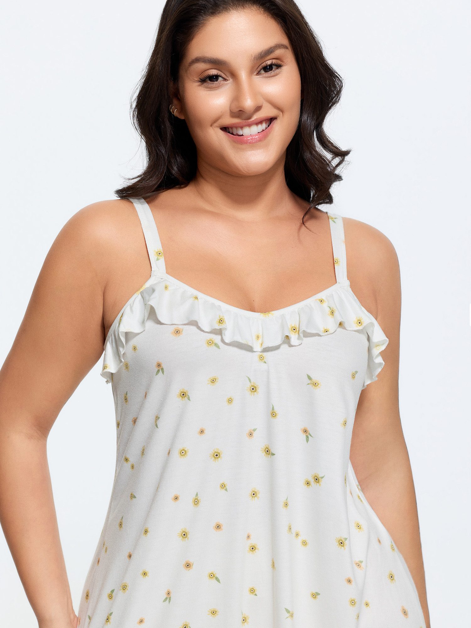 Side view of BloomChic Women's Plus Size Supersoft Ruffled Neckline Floral Print Sleeveless Nightgown Originalwhite Sleeveless Knee Length Ruffle Trim Neck 18-20/2X
