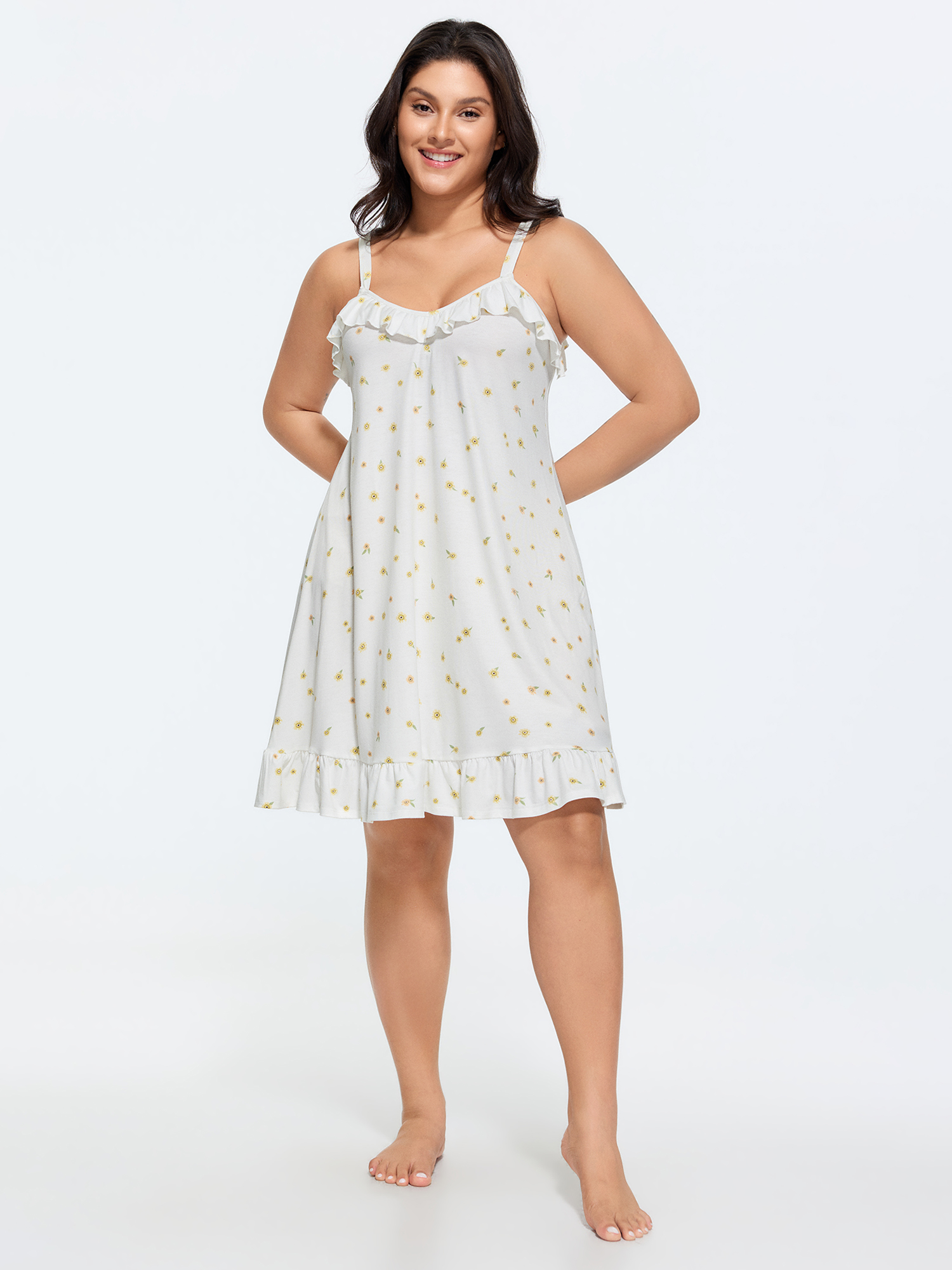 Side view of BloomChic Women's Plus Size Supersoft Ruffled Neckline Floral Print Sleeveless Nightgown Originalwhite Sleeveless Knee Length Ruffle Trim Neck 18-20/2X