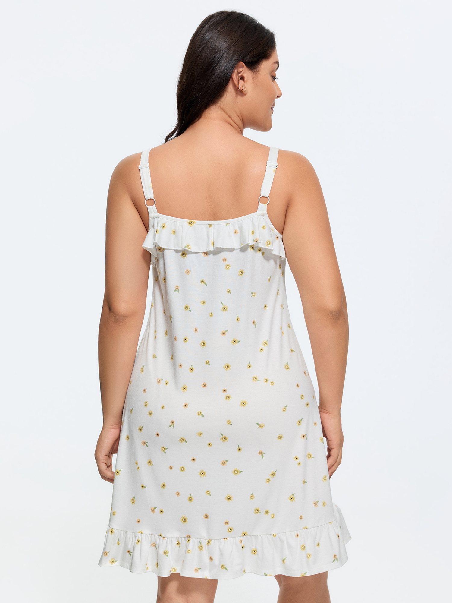 Side view of BloomChic Women's Plus Size Supersoft Ruffled Neckline Floral Print Sleeveless Nightgown Originalwhite Sleeveless Knee Length Ruffle Trim Neck 18-20/2X