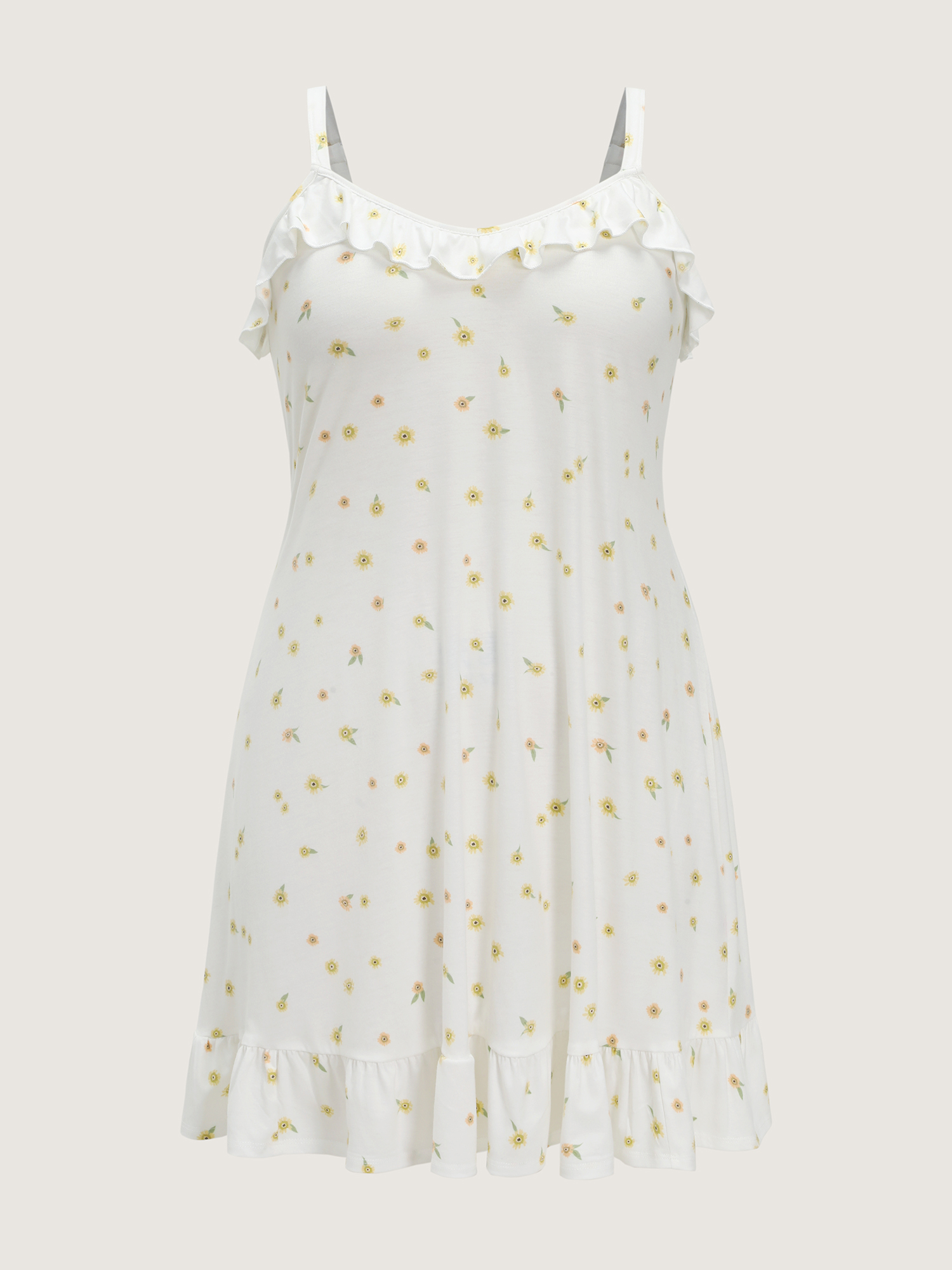 Side view of BloomChic Women's Plus Size Supersoft Ruffled Neckline Floral Print Sleeveless Nightgown Originalwhite Sleeveless Knee Length Ruffle Trim Neck 18-20/2X