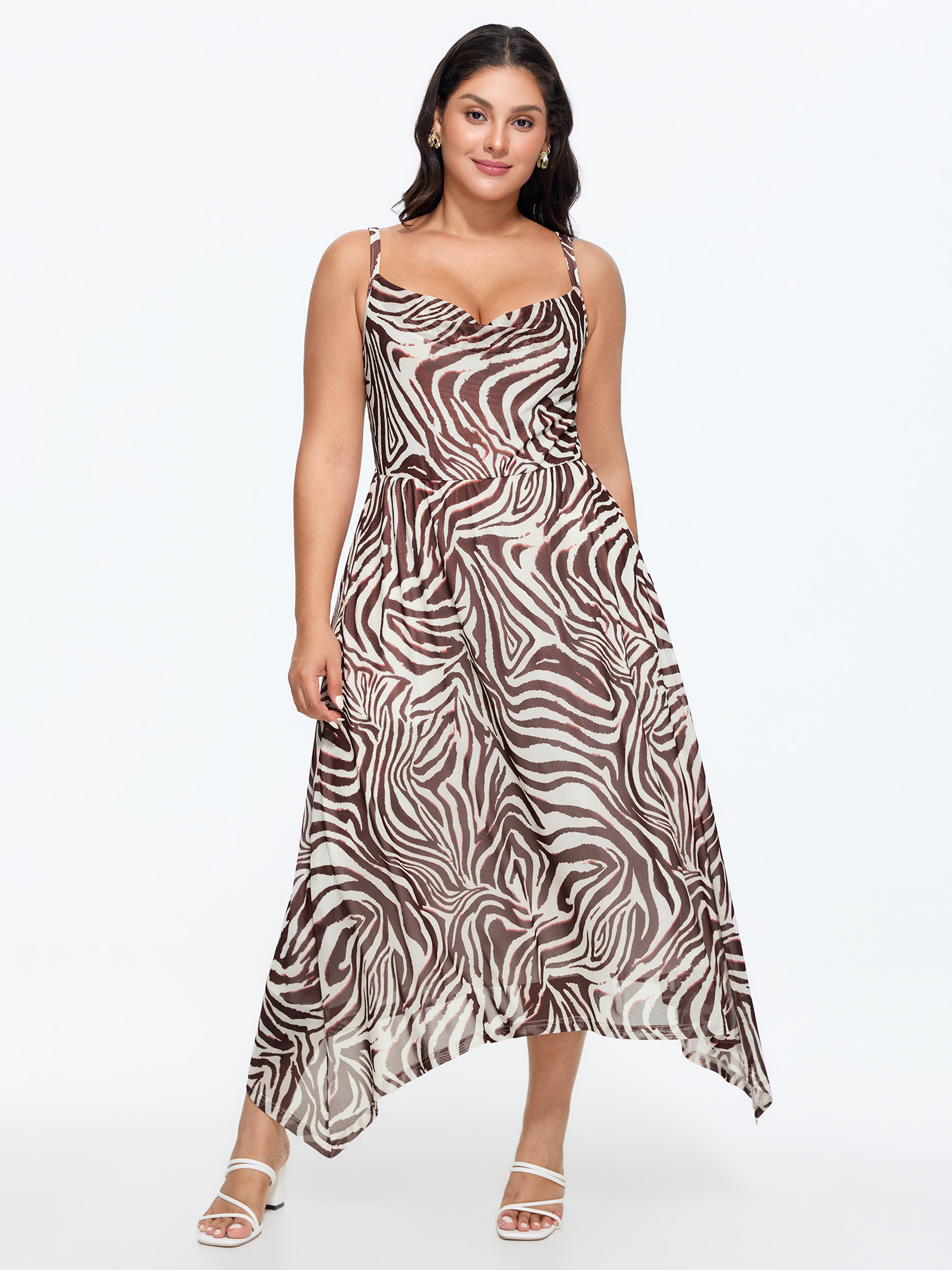 BloomChic Plus Size Stretchy Zebra Print Asymmetrical Hem Midi Dress - Curve Ladies Browncoffeecolor Elegant Sleeveless Animal Motif Side Pocket Daily Dresses 26-28/3X