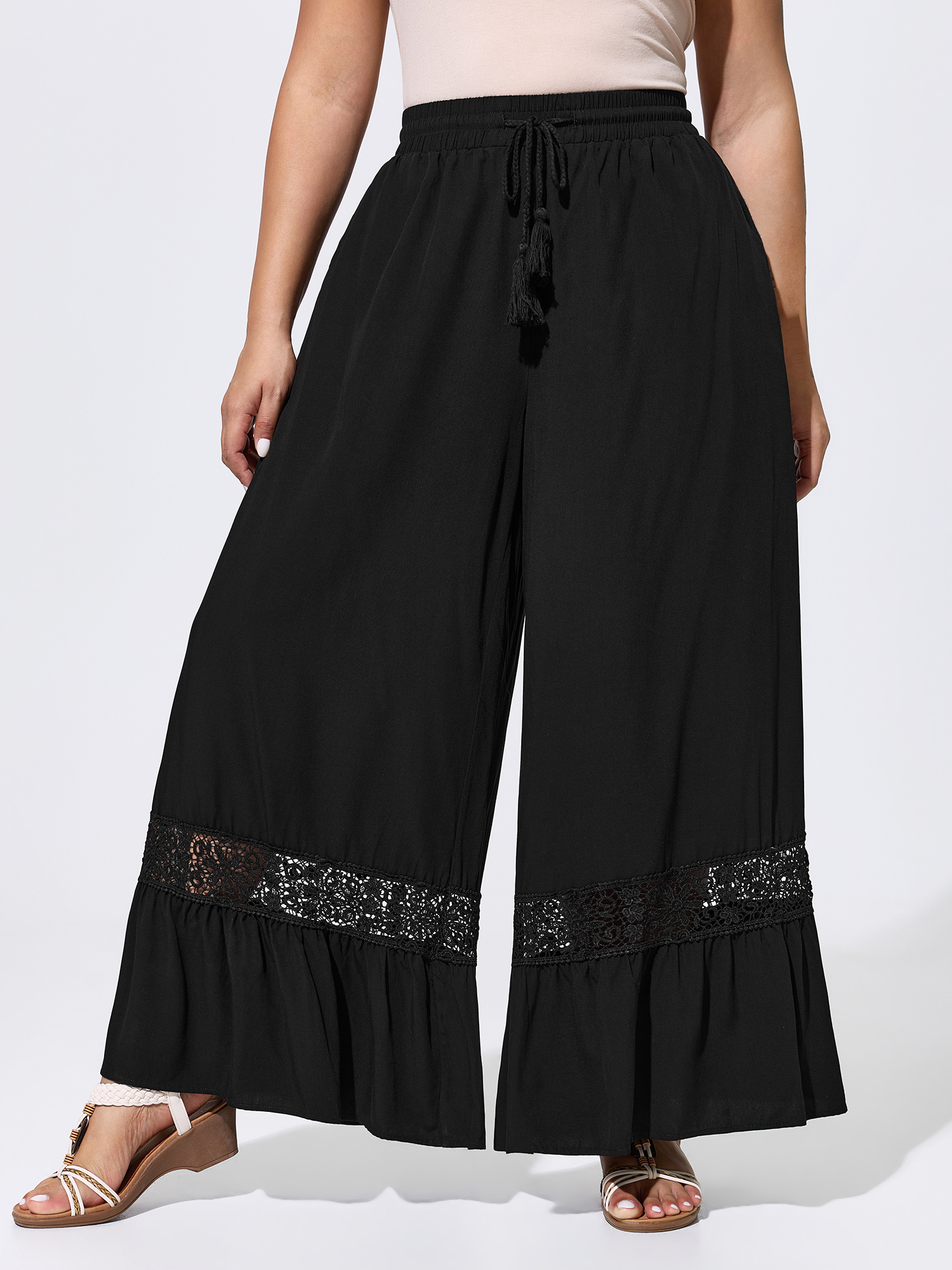 BloomChic Women's Plus Size Lace Ruffled Hem Wide-Leg Pants Black Solid Flared Mid Rise 10/M