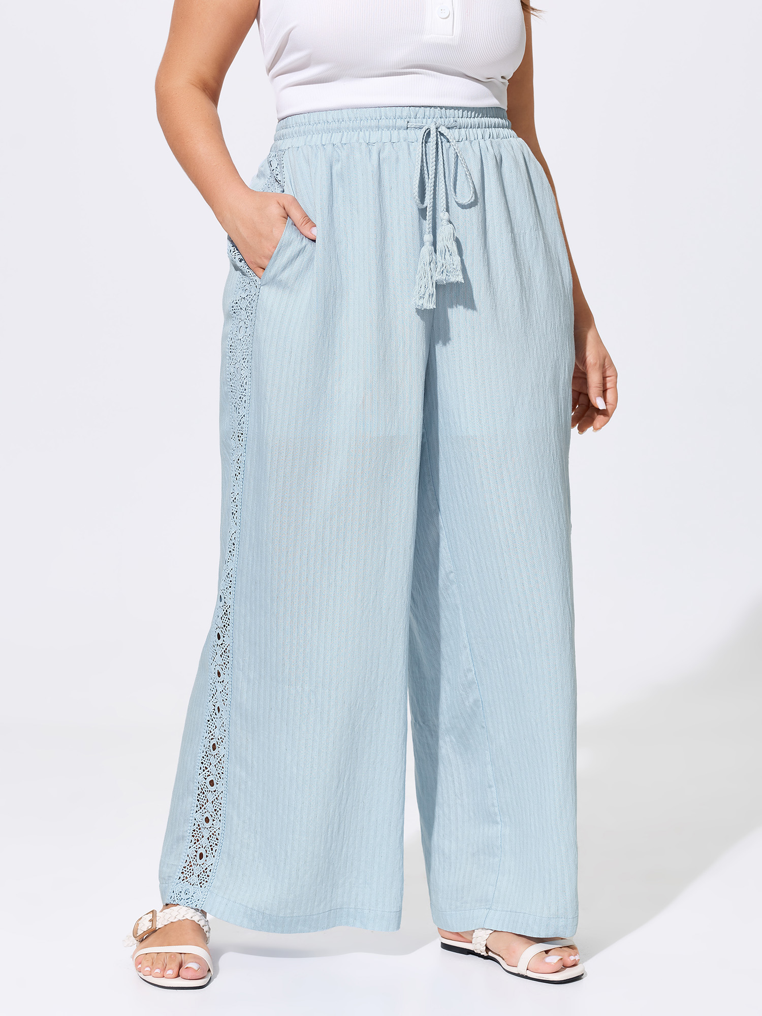 BloomChic Women's Plus Size Linen Blend Side Design Drawstring Waist Pants LightBlue Solid Wide leg Mid Rise 10/M