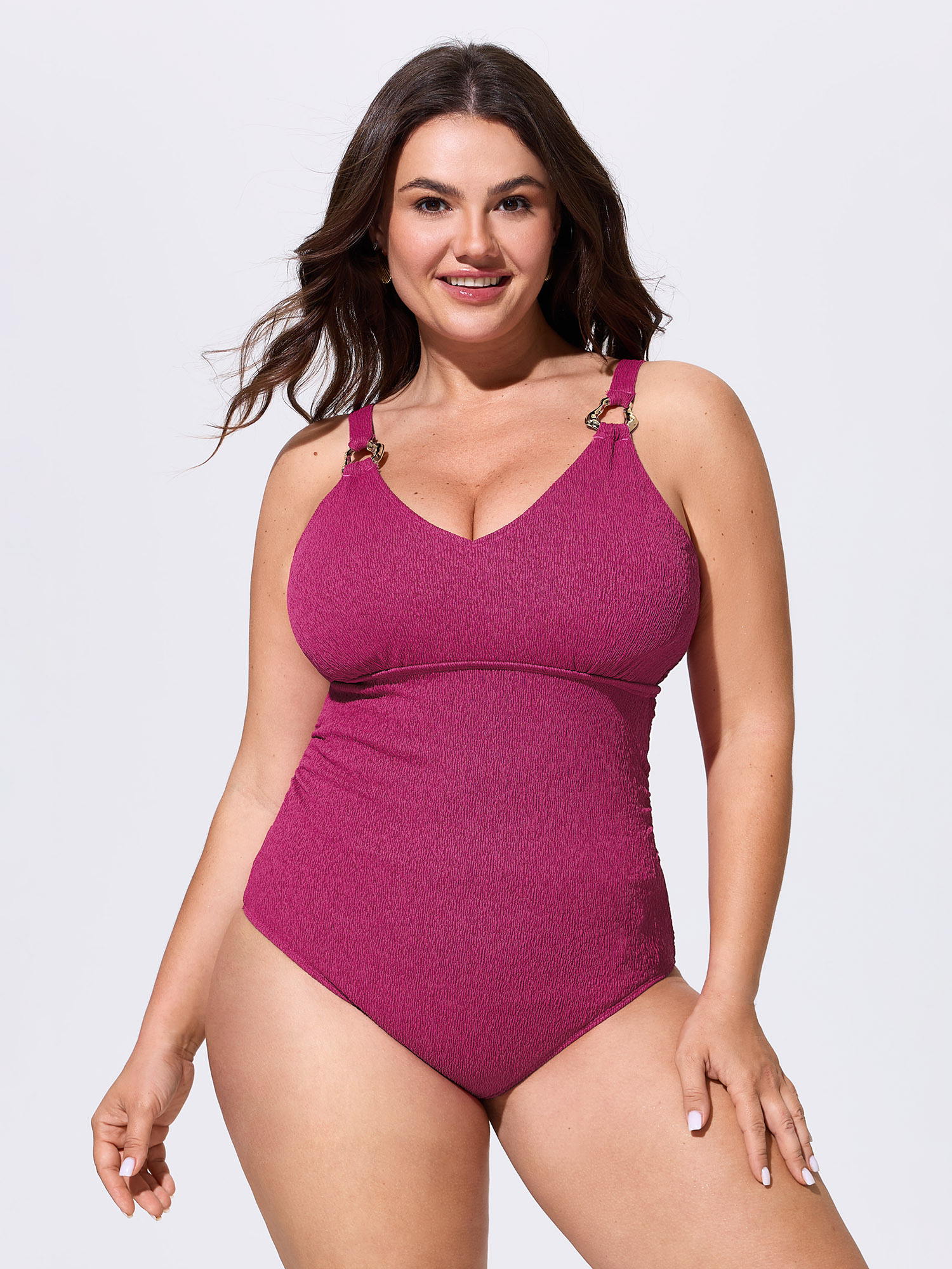 BloomChic Women's Plus Size Textured Tummy-Control Supportive One-Piece Swim Rosered Solid Cable Knit Adjustable Straps 10/M