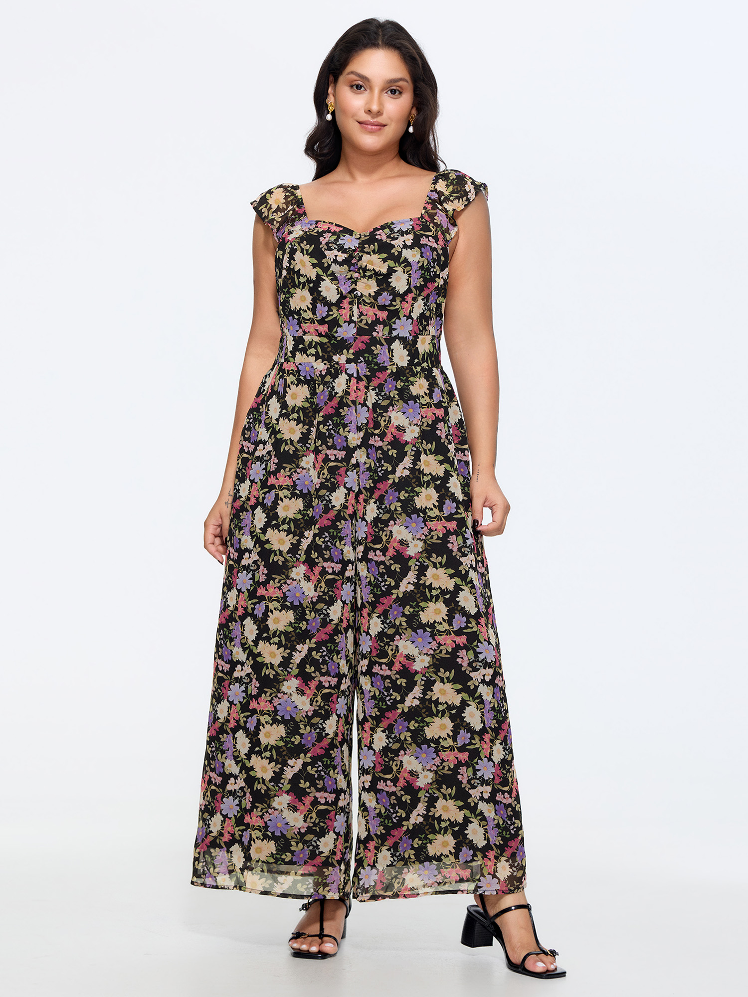 BloomChic Women's Plus Size Floral Print Shirred Wide-Leg Jumpsuit BlackFlower Elegant Fitted 14-16/1X-image-48506971652266