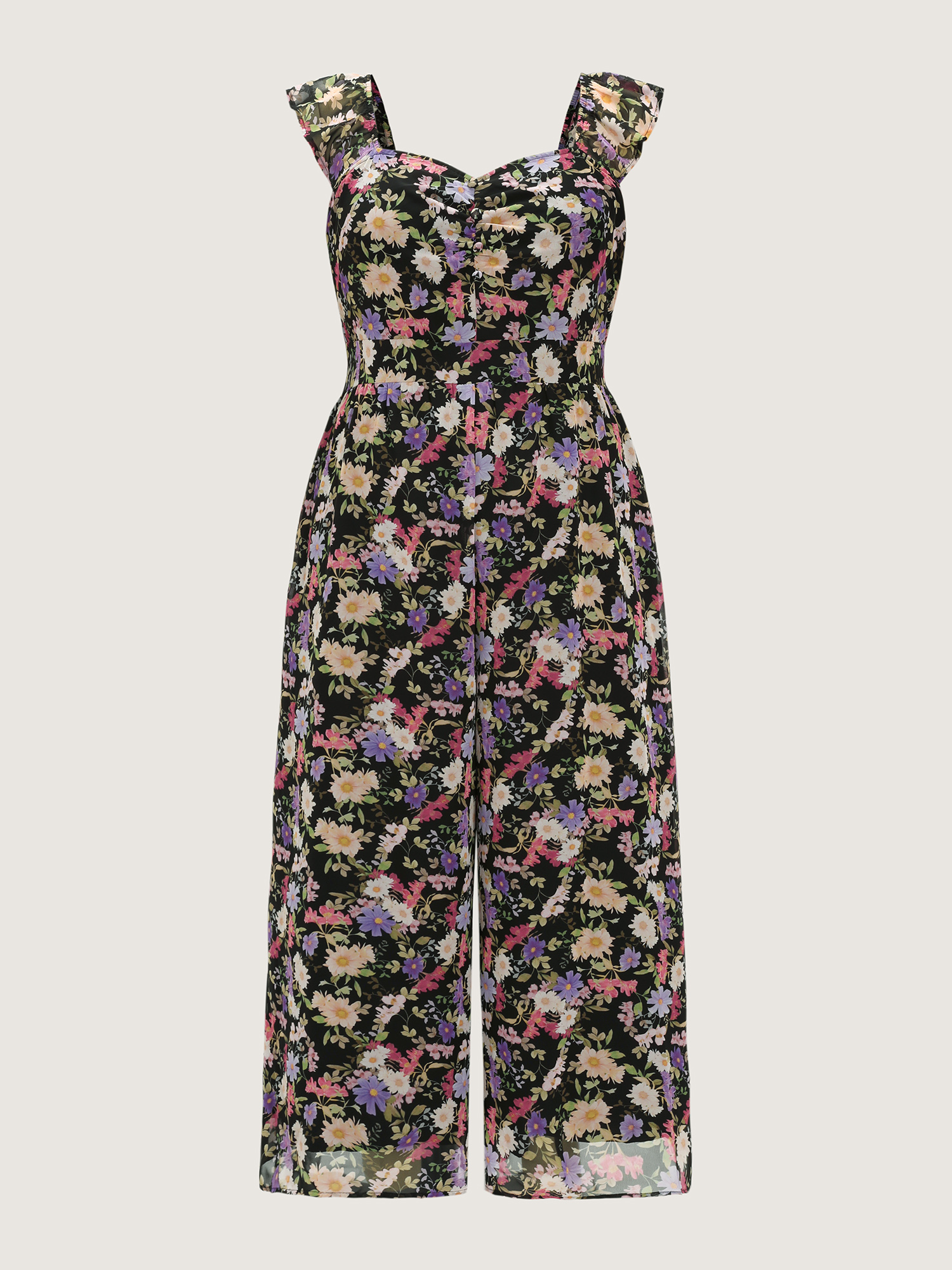 Side view of BloomChic Women's Plus Size Floral Print Shirred Wide-Leg Jumpsuit BlackFlower Elegant Fitted 10/M