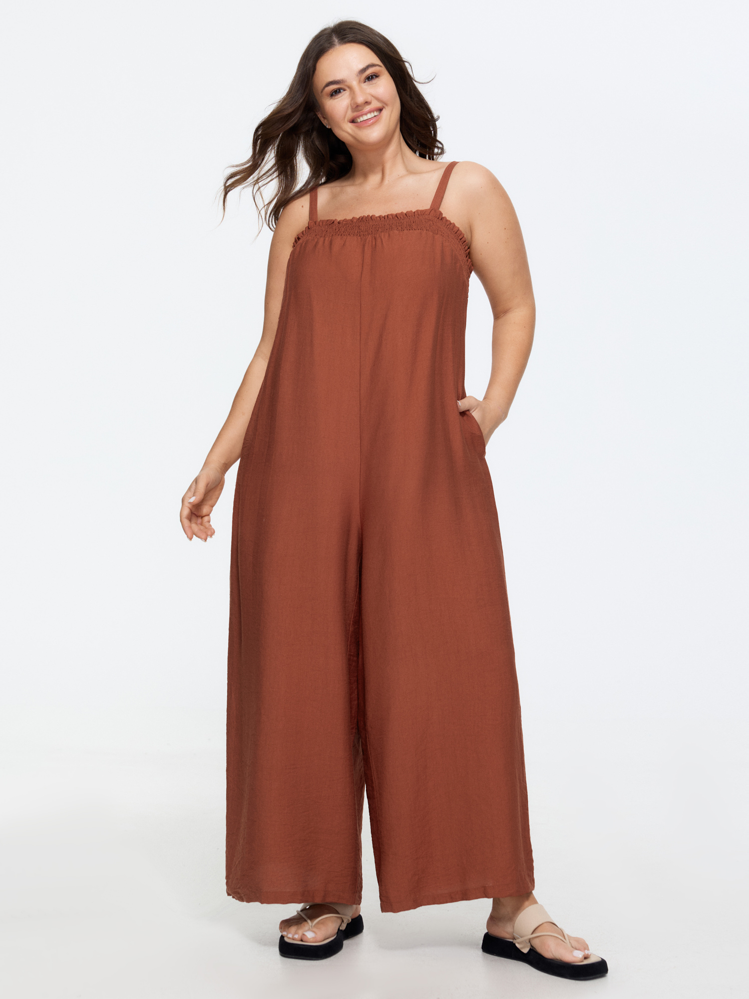 BloomChic Women's Plus Size Supersoft Shirred Sleeveless Plain Wide-Leg Jumpsuit Maroon Casual 26/4X-image-48506955399338
