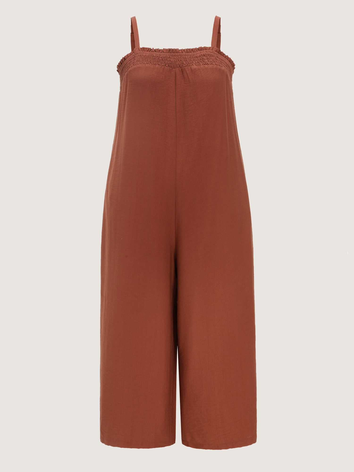 Side view of BloomChic Women's Plus Size Supersoft Shirred Sleeveless Plain Wide-Leg Jumpsuit Maroon Casual 22-24/3X