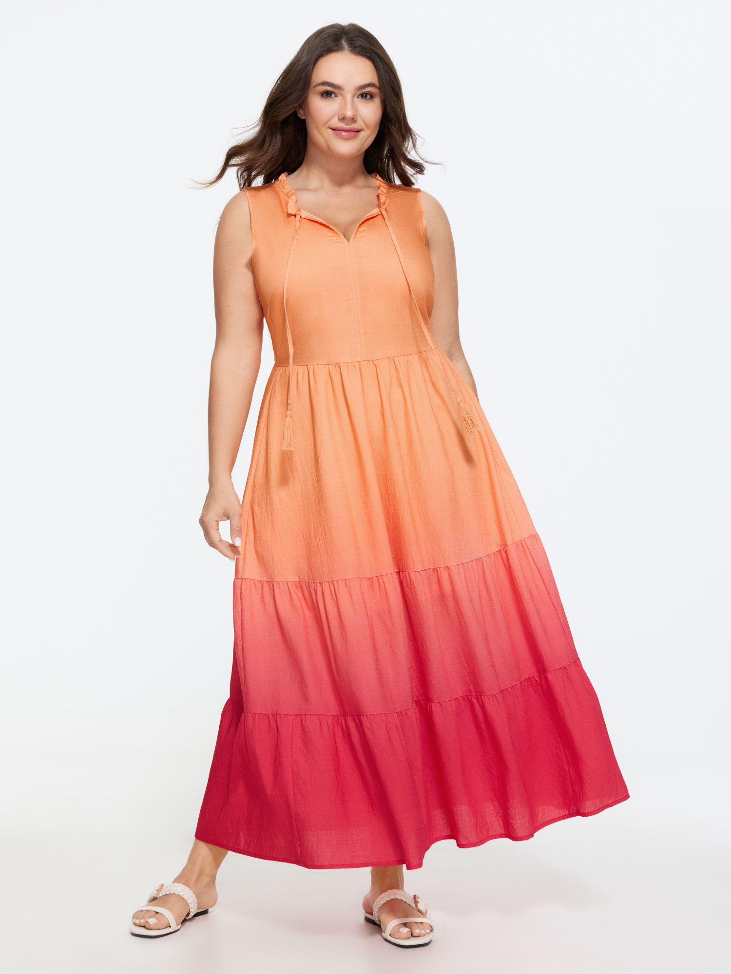 BloomChic Women's Plus Size Ombre Gradient Neck-Tie Tiered Maxi Dress Salmon Ombre Maxi Casual Lace-Up 22-24/3X