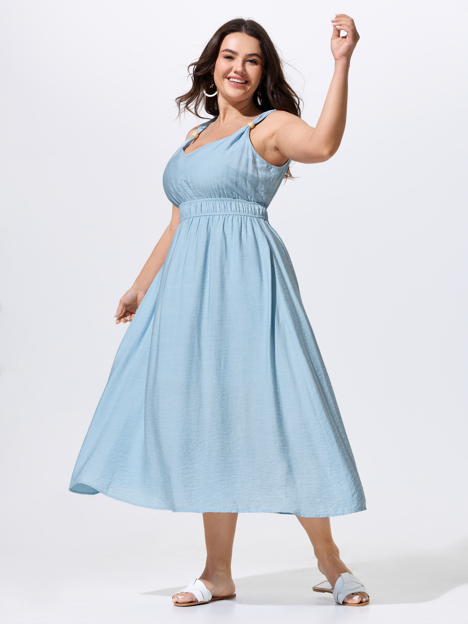 BloomChic Plus Size Breathable Waist-Defining Cami Midi Dress - Curve Ladies LightBlue Resort Sleeveless Solid Side Pocket Daily Dresses 30/4X