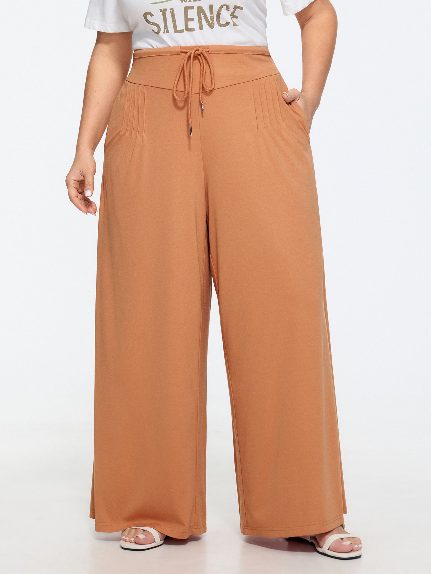 BloomChic Women's Plus Size Stretchy Drawstring Waist Wide-Leg Pants Lightorange Solid Wide leg Mid Rise 10/M