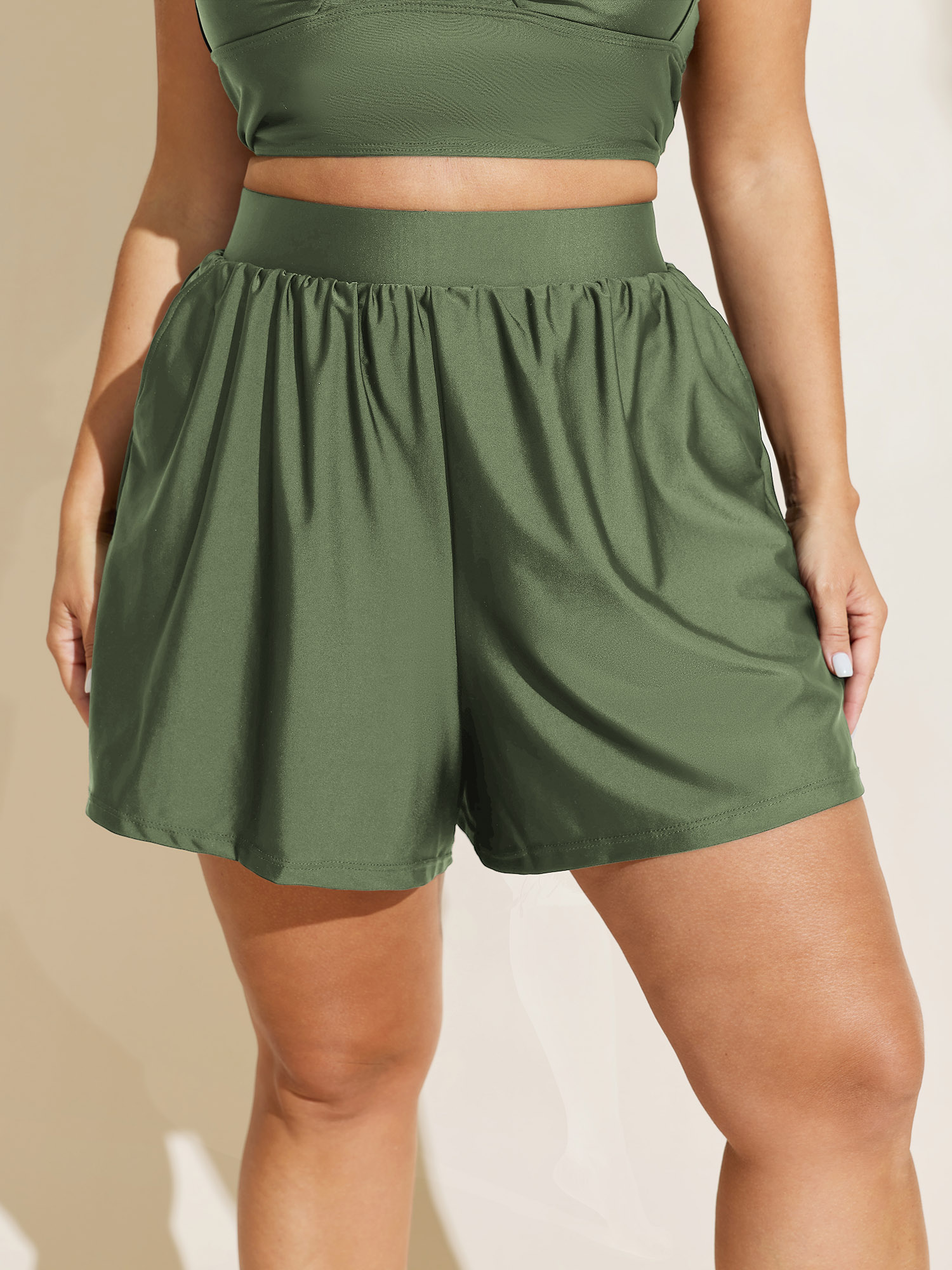 BloomChic Women's Plus Size High Waisted Pockets Solid Pleated Swim Shorts Greenbean Solid cropped Ruched Elastic Waist 10/M