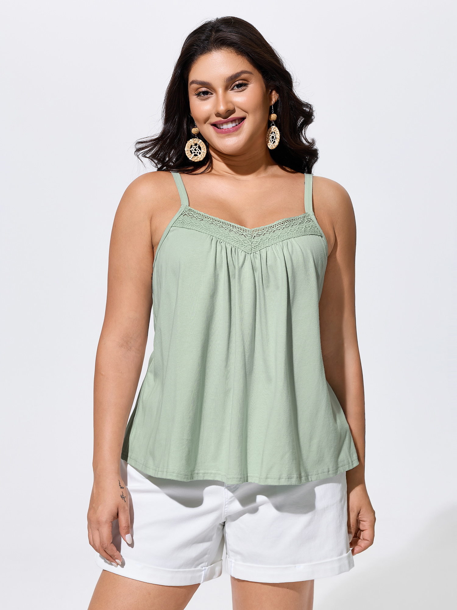 BloomChic Women's Plus Size Cotton Lace Trim Flowy Plain Tank Top Greenbean Vacation A-line Sweetheart Neck 10/M