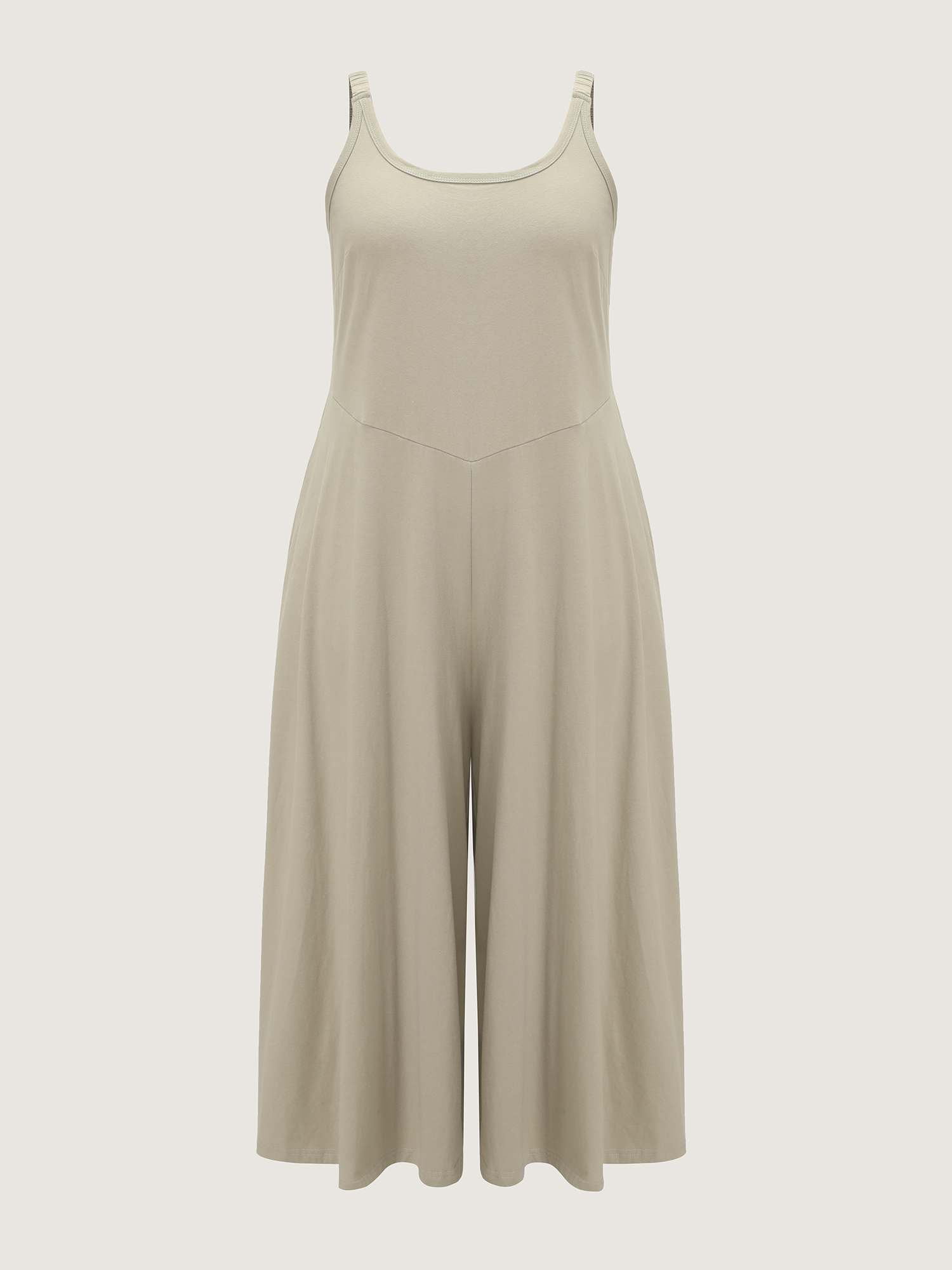 Side view of BloomChic Women's Plus Size Cotton Sleeveless Wide-Leg Jumpsuit Champagne Casual 12/L