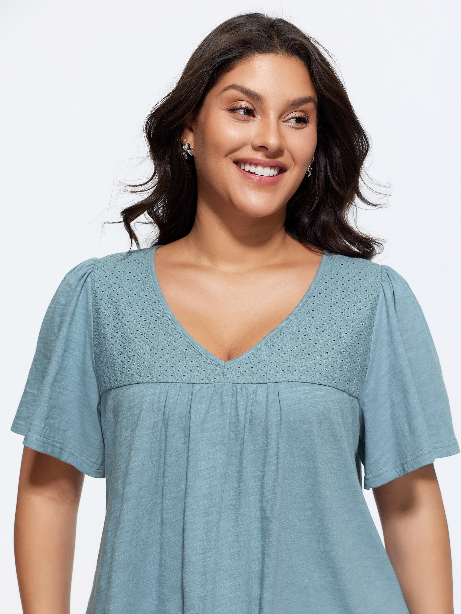 BloomChic Plus Size Cotton Ruffled Sleeve V-Neck T-Shirt - Women's LightBlue Solid Round Neck Comfort Midsection Fit Long Sleeve Playful T-shirts 14/M