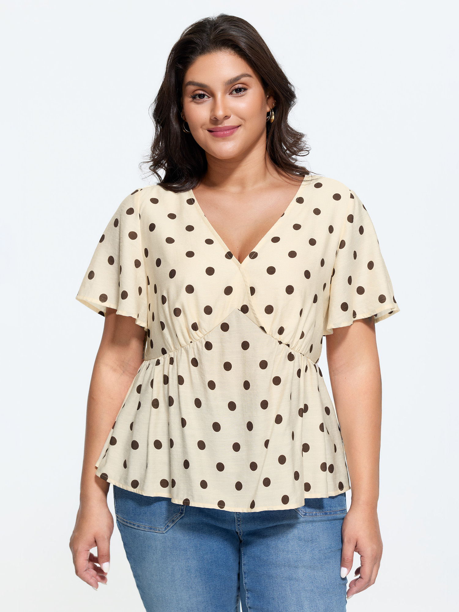 BloomChic Women's Plus Size Supersoft Polka Dots V-Neck Blouse Beige Polka dots Everyday-Casual Short sleeve Deep V-Neck 10/M
