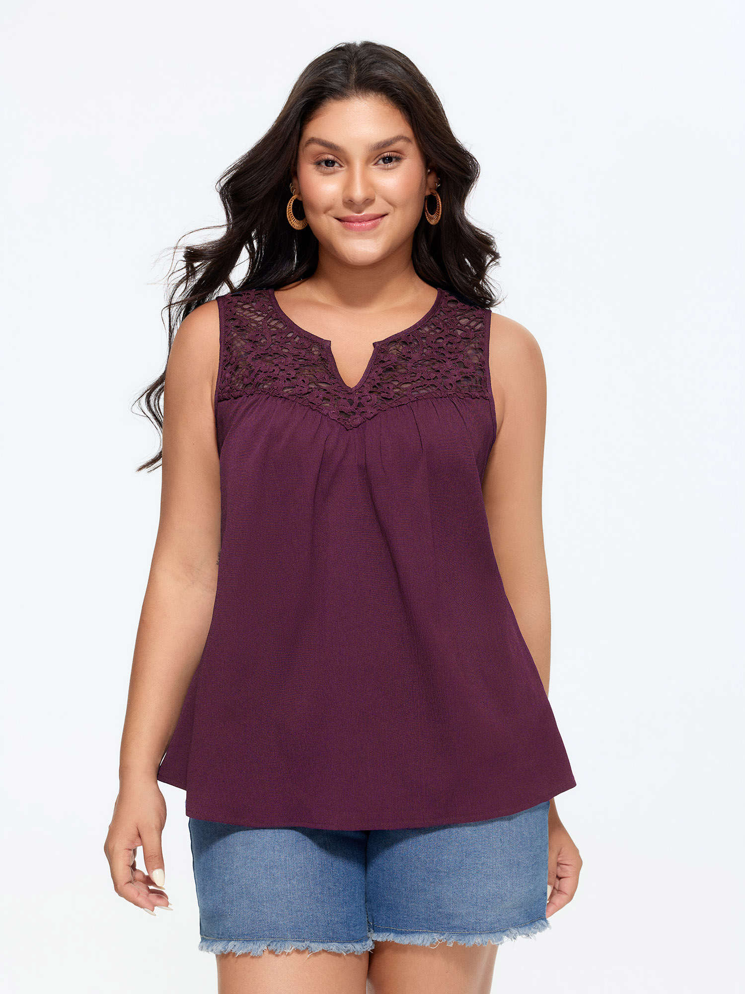 BloomChic Women's Plus Size Cut-Out Lace Neckline Pleated Tank Top Plum Vacation Relaxed Fit Straight fit V-Notch Neck 22-24/3X