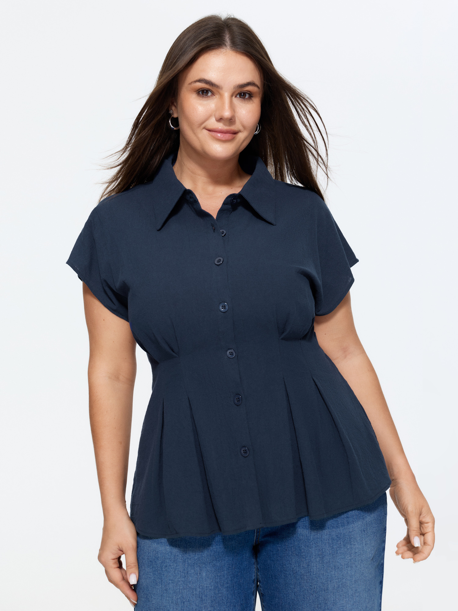 BloomChic Women's Plus Size Cotton Plain Hidden Placket Button Blouse Indigo Solid Office Short sleeve Collared Neck 10/M