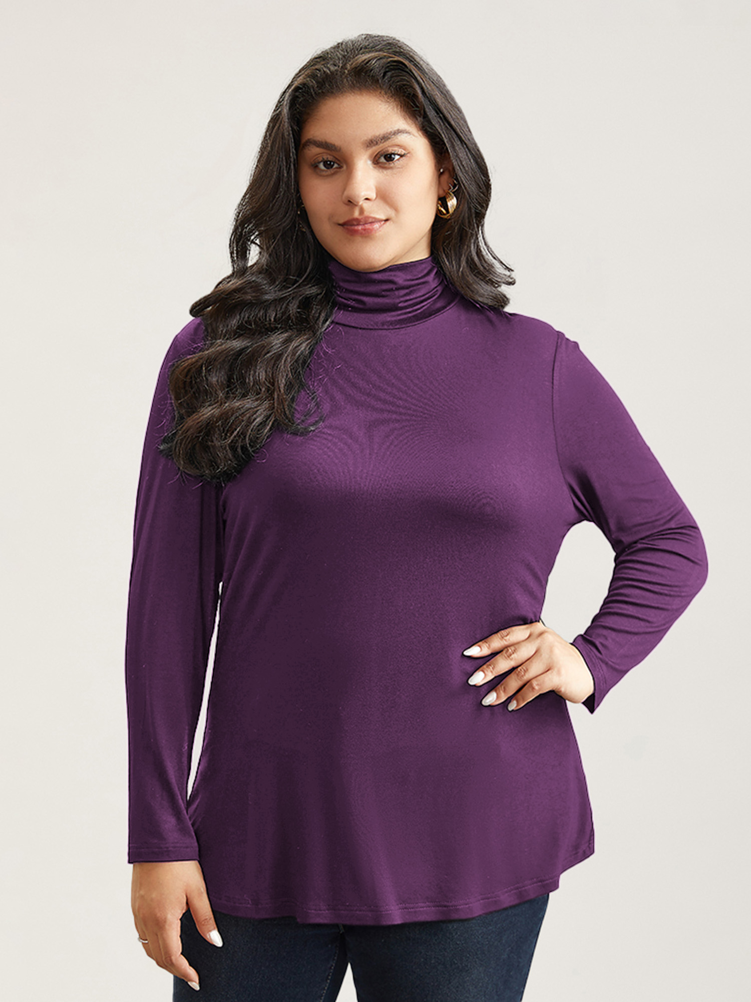 BloomChic Women's Plus Size Supersoft Essentials Solid Funnel Neck Knit T-Shirt Deeppurple Solid Everyday-Casual Long Sleeve Turtleneck 10/M