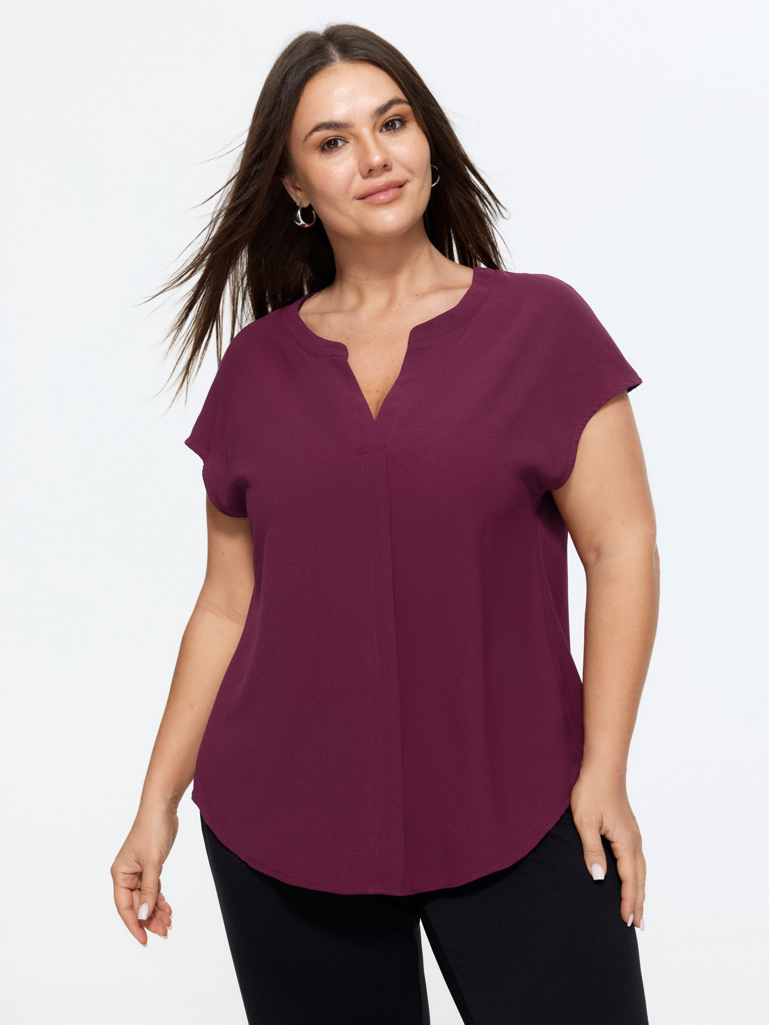 BloomChic Women's Plus Size Notched Collar Pleated Back Blouse Burgundy Solid Office Short sleeve V-Notch Neck 10/M