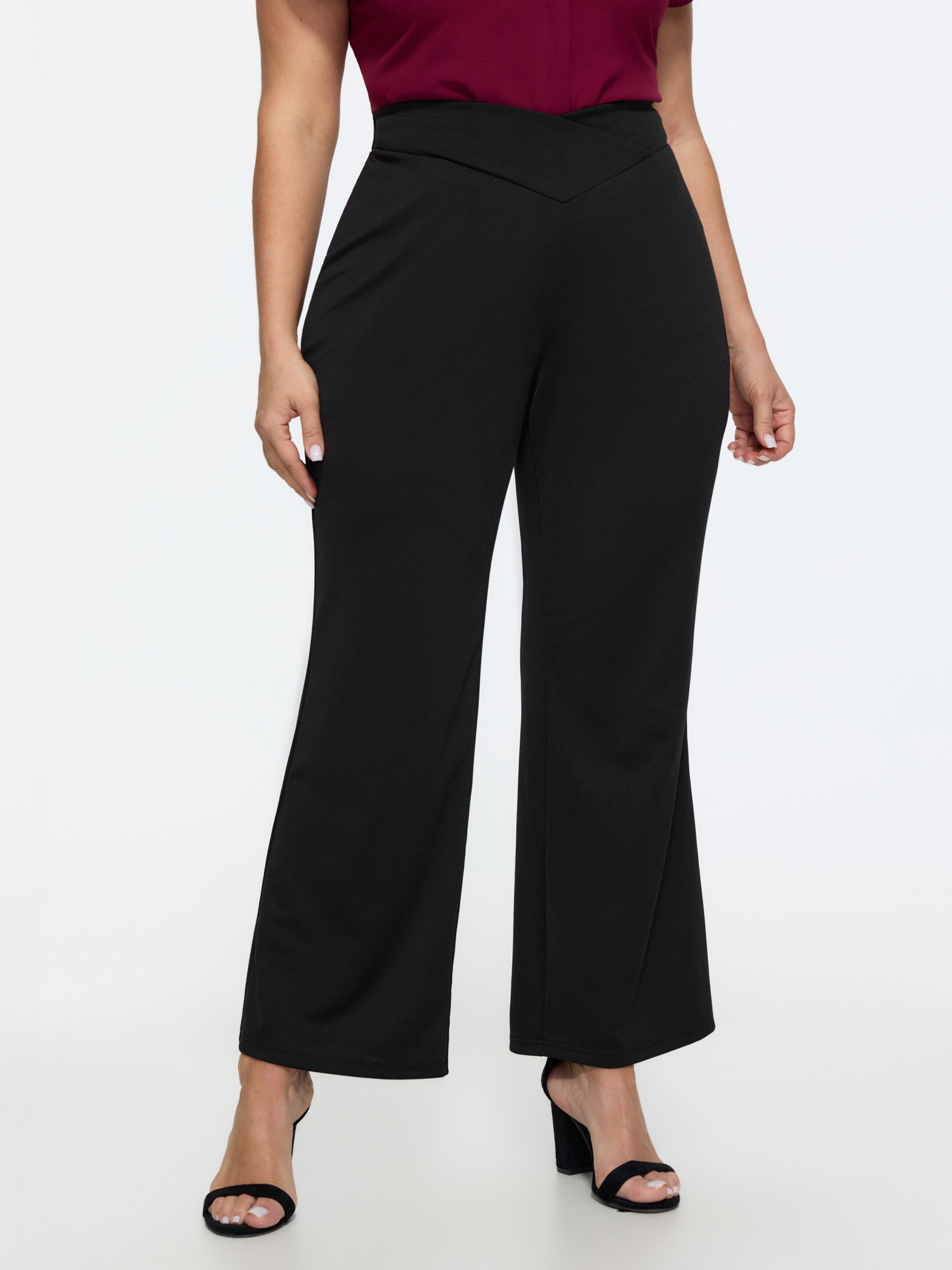 BloomChic Women's Plus Size Stretchy Overlap Waist Mid-Rise Pants Pureblack Solid Flared Mid Rise 10/M