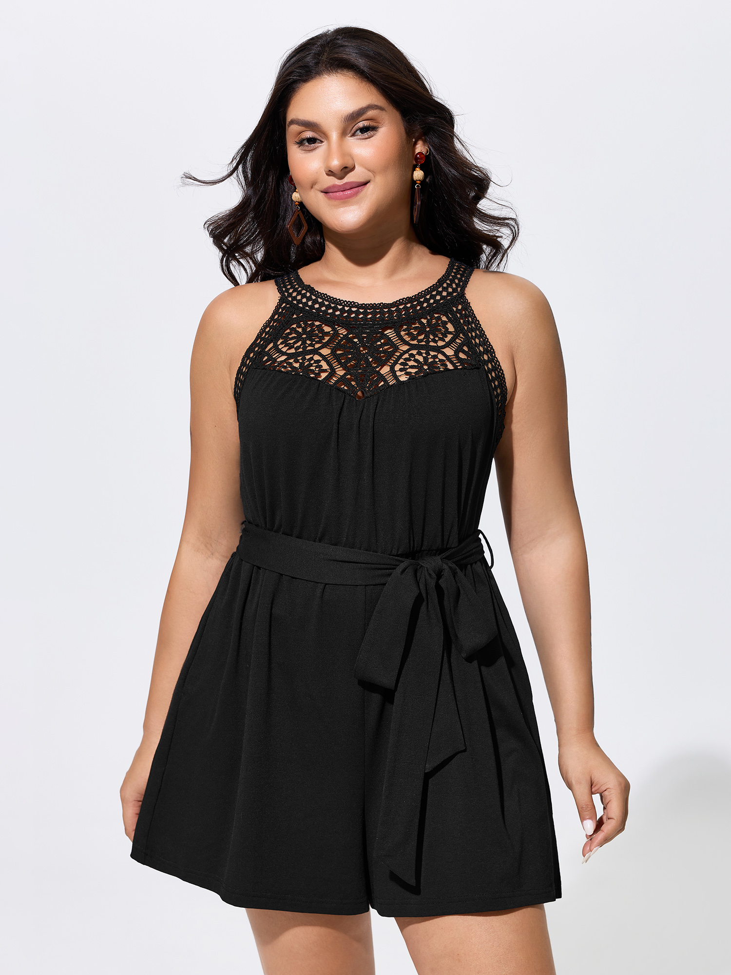 BloomChic Women's Plus Size Sheer Lace Neckline Waist-Tie Romper Black Vacation 22-24/3X-image-48588993560746